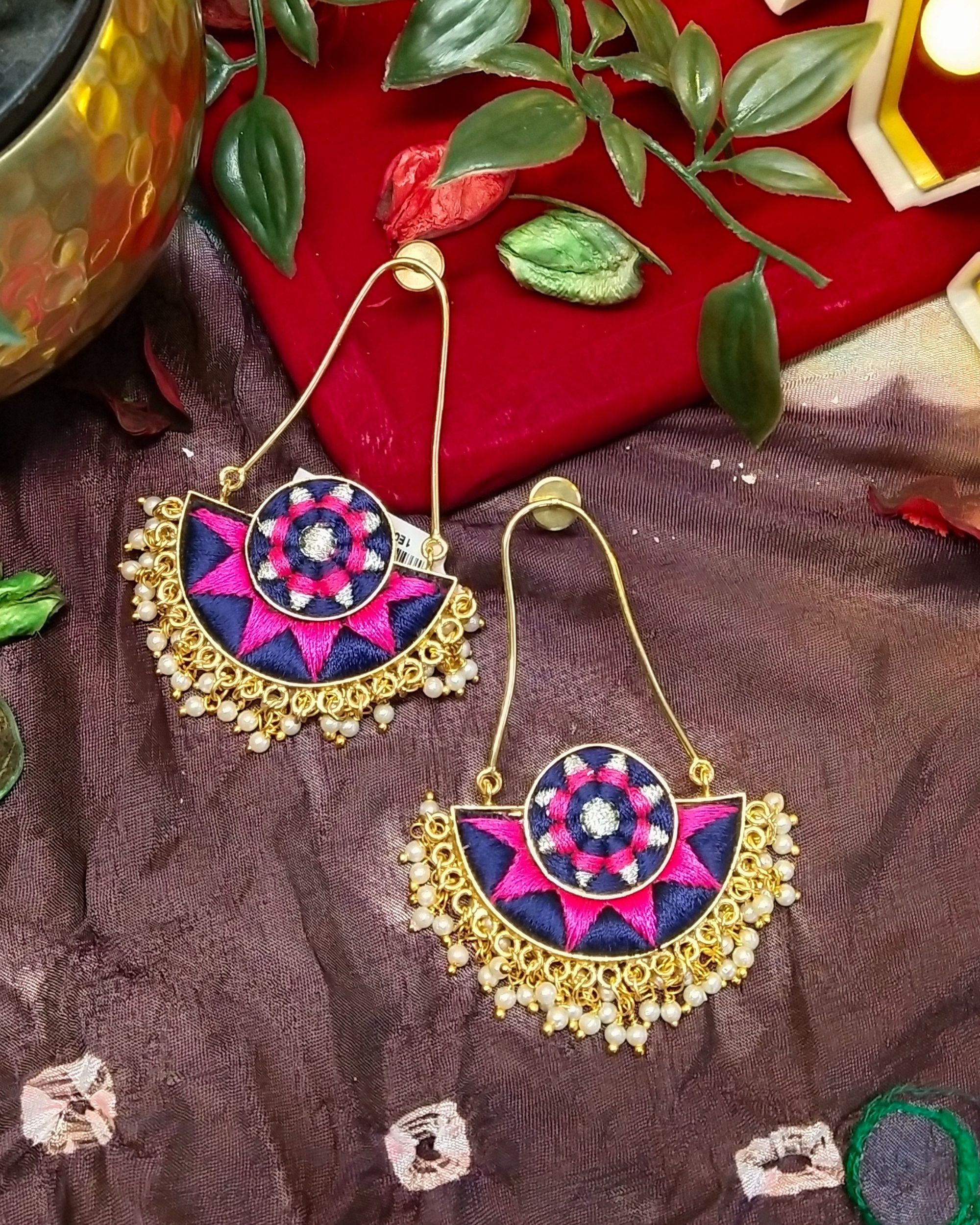 Blue and pink floral zari embroidered beaded earrings