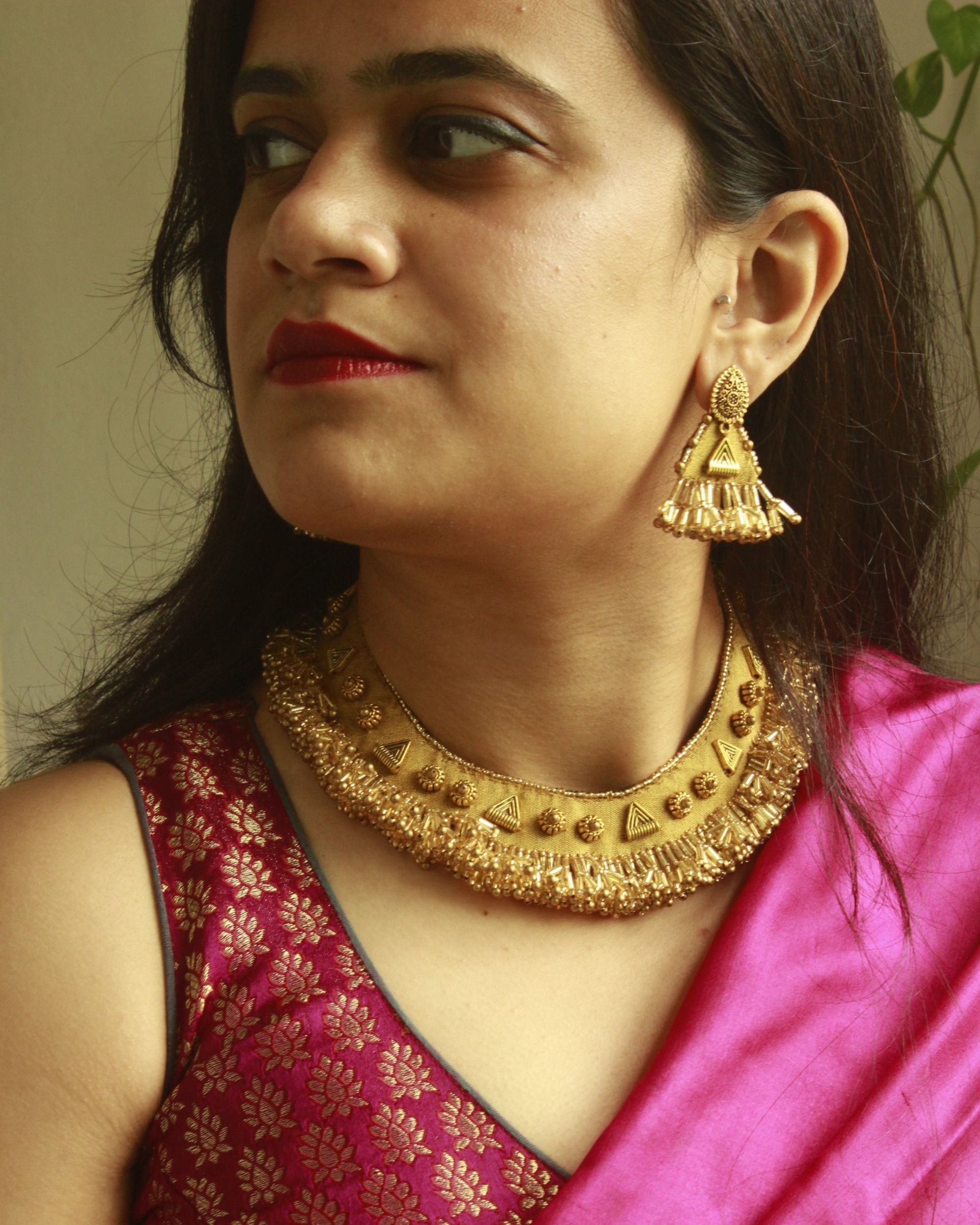 Mustard yellow metal embellished beaded neckpiece with earrings set