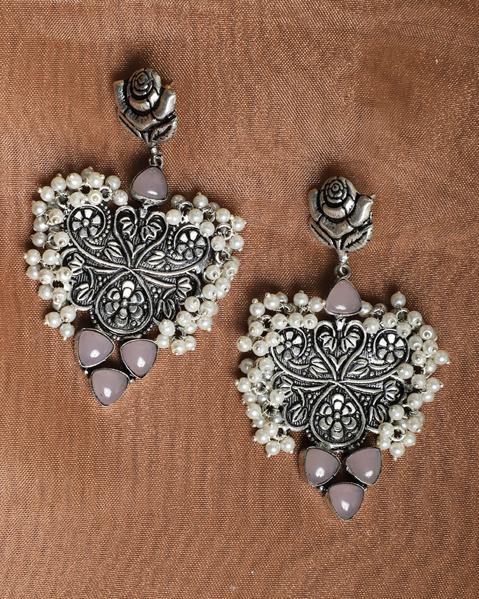 Pearl beaded rose engraved earrings