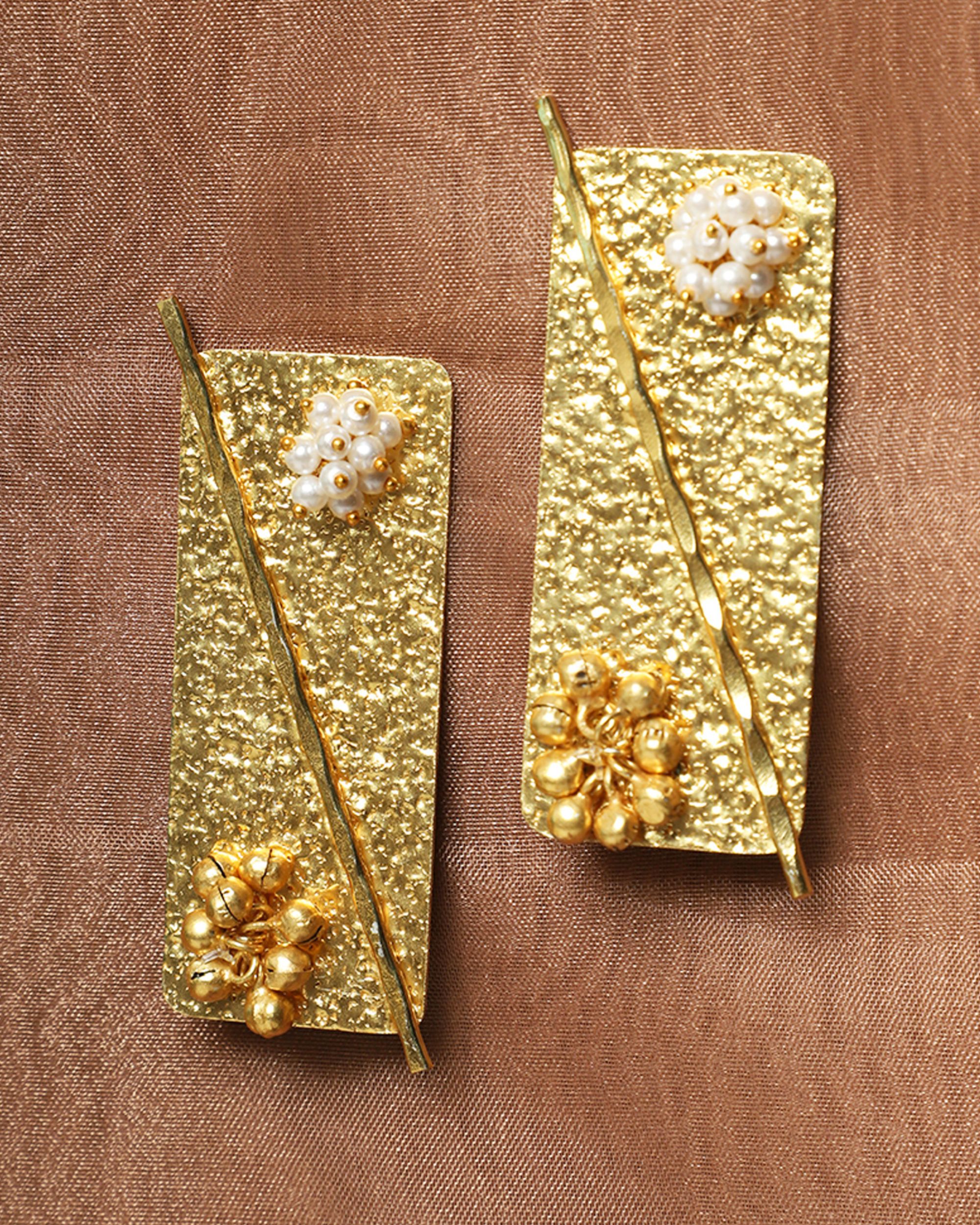 Pearl and ghungroo embellished brass earrings