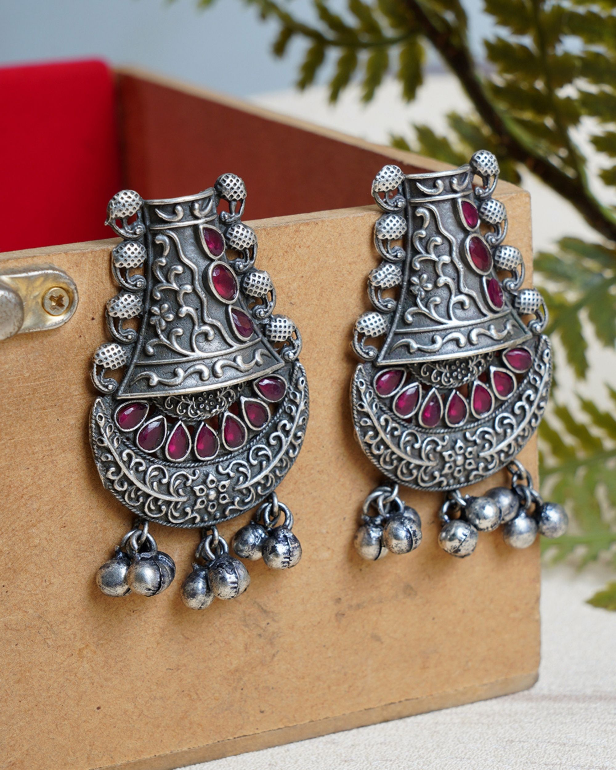 Red handcrafted ghungroo beaded brass earrings