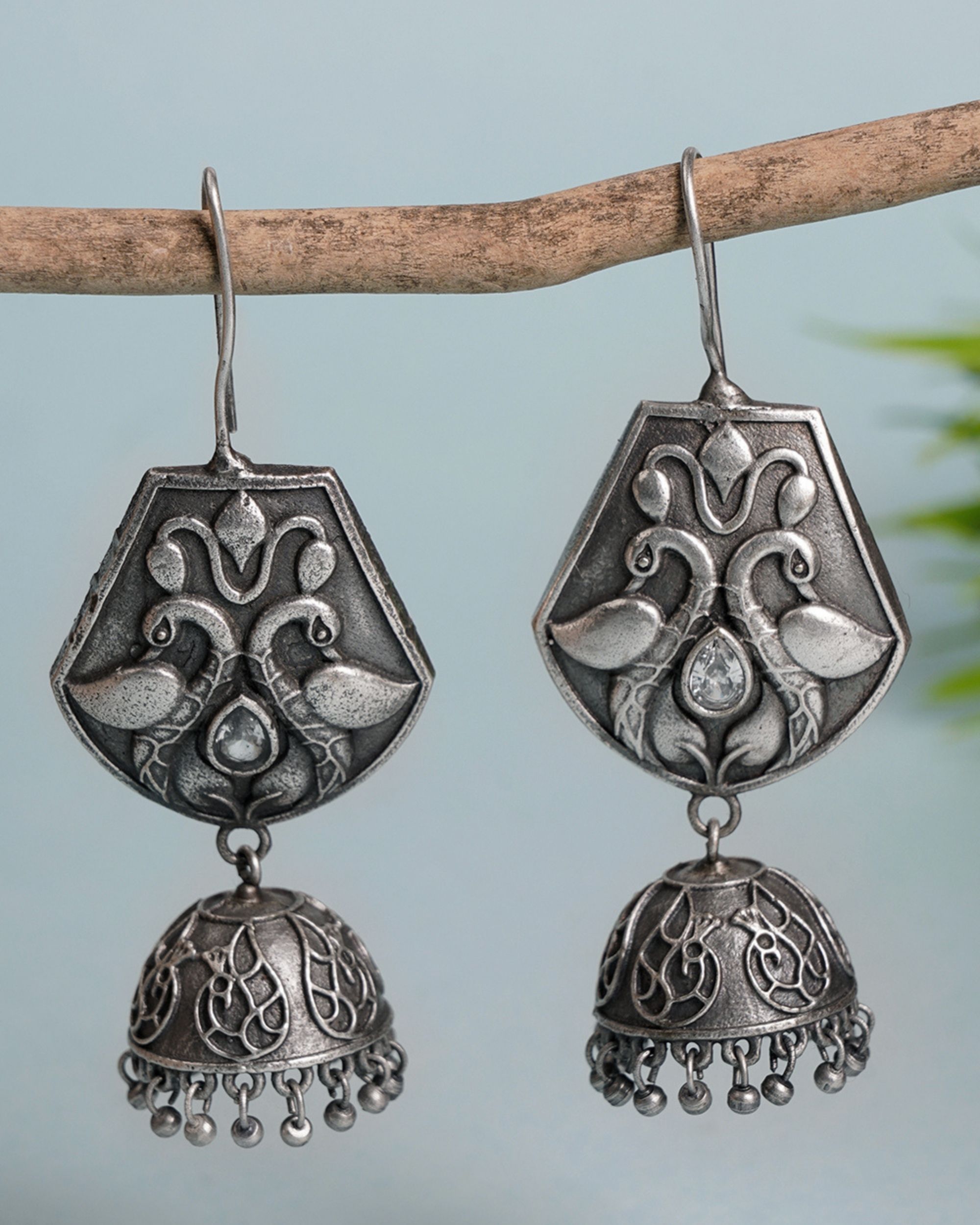 Peacock engraved hook earrings