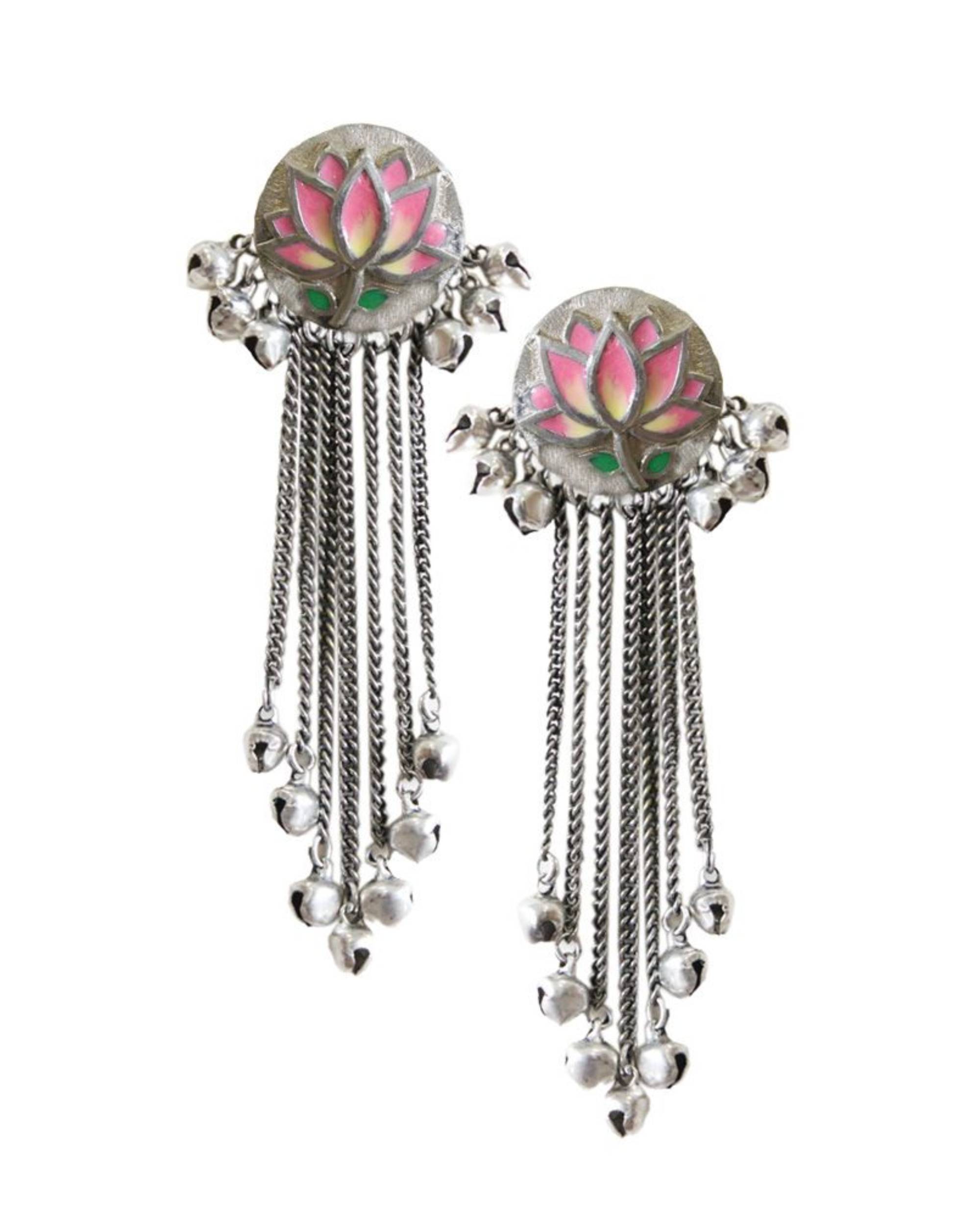 Pink enamel lotus earrings with tassels