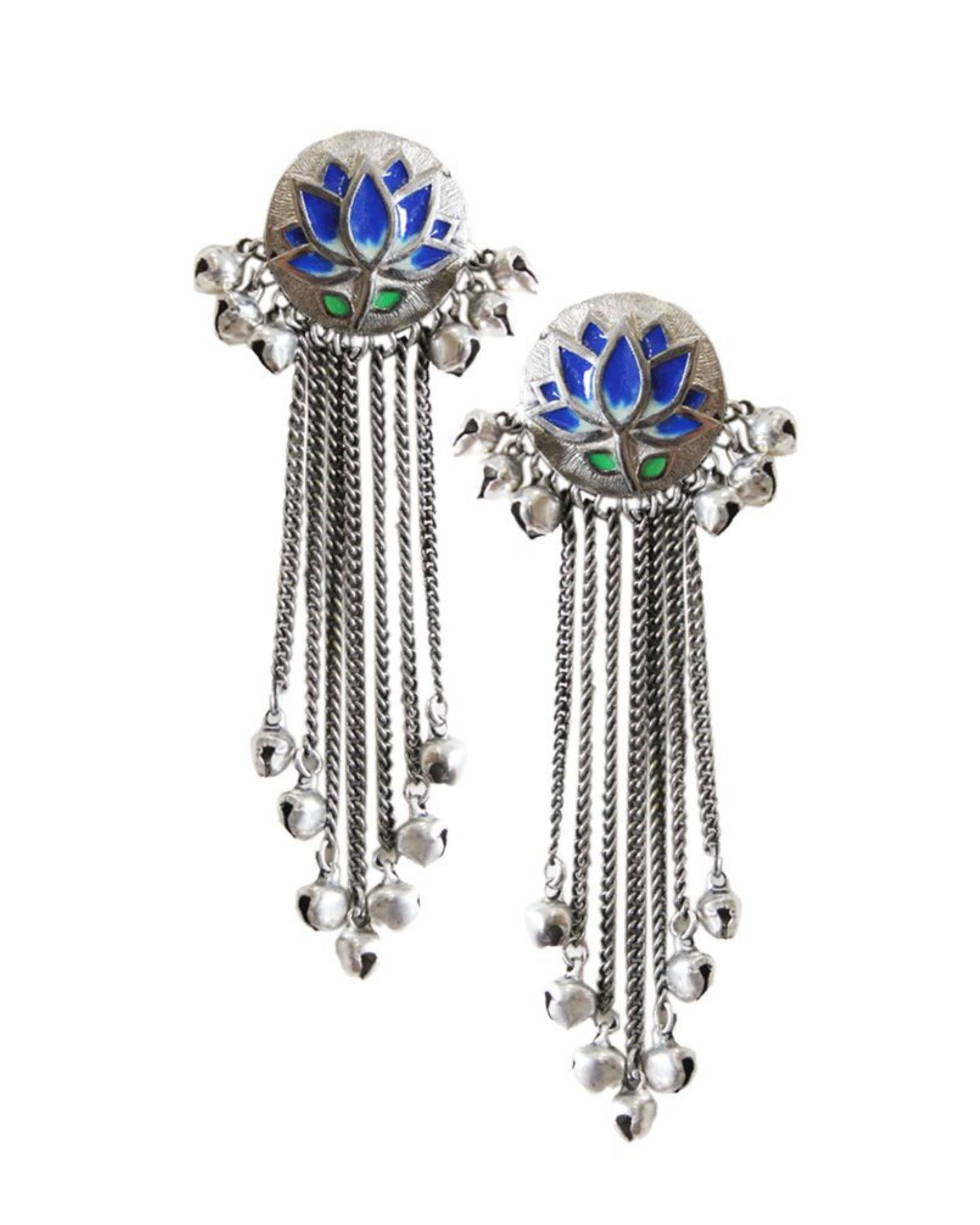 Blue enamel lotus earrings with tassels