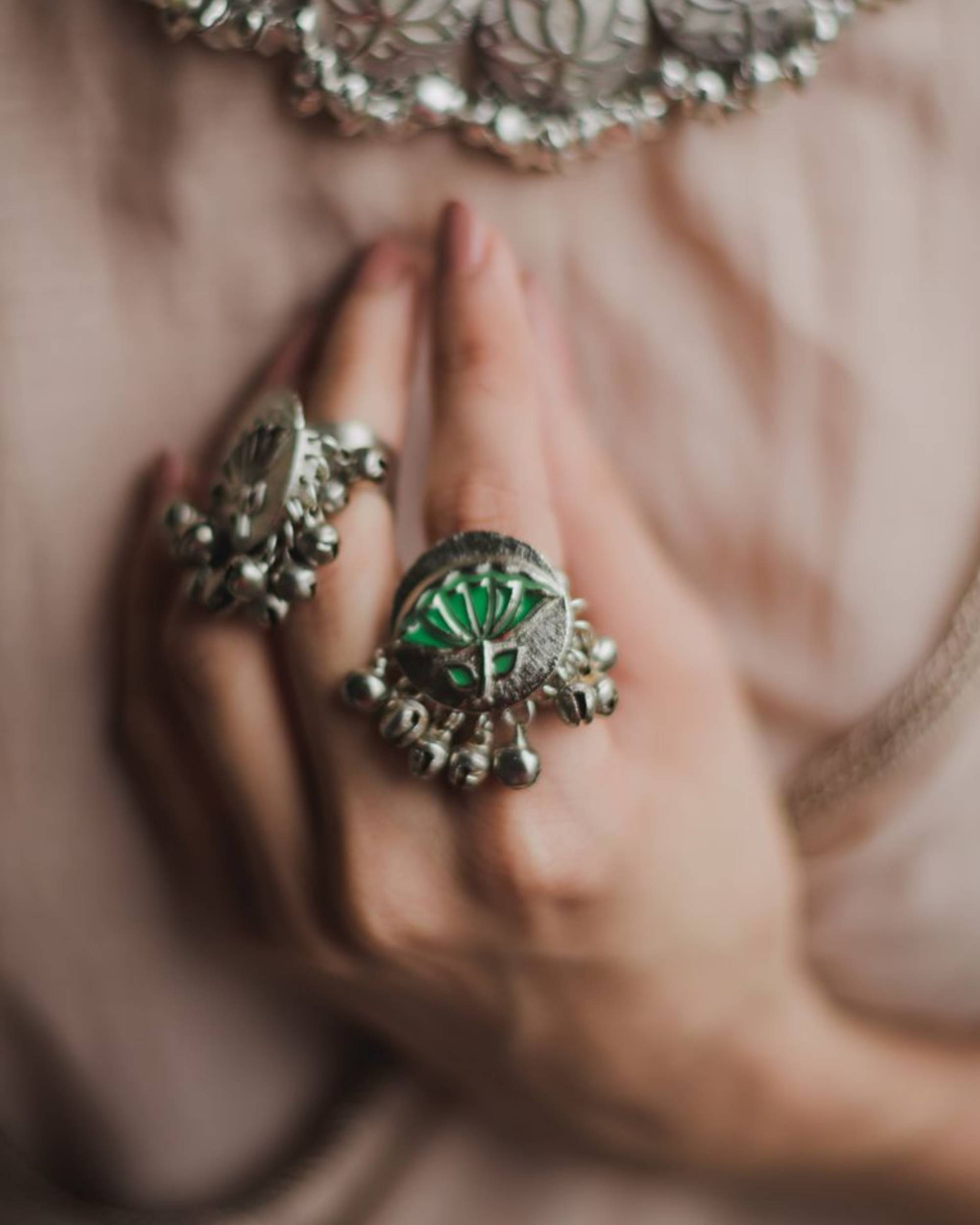 Leaf green enamel lotus ring