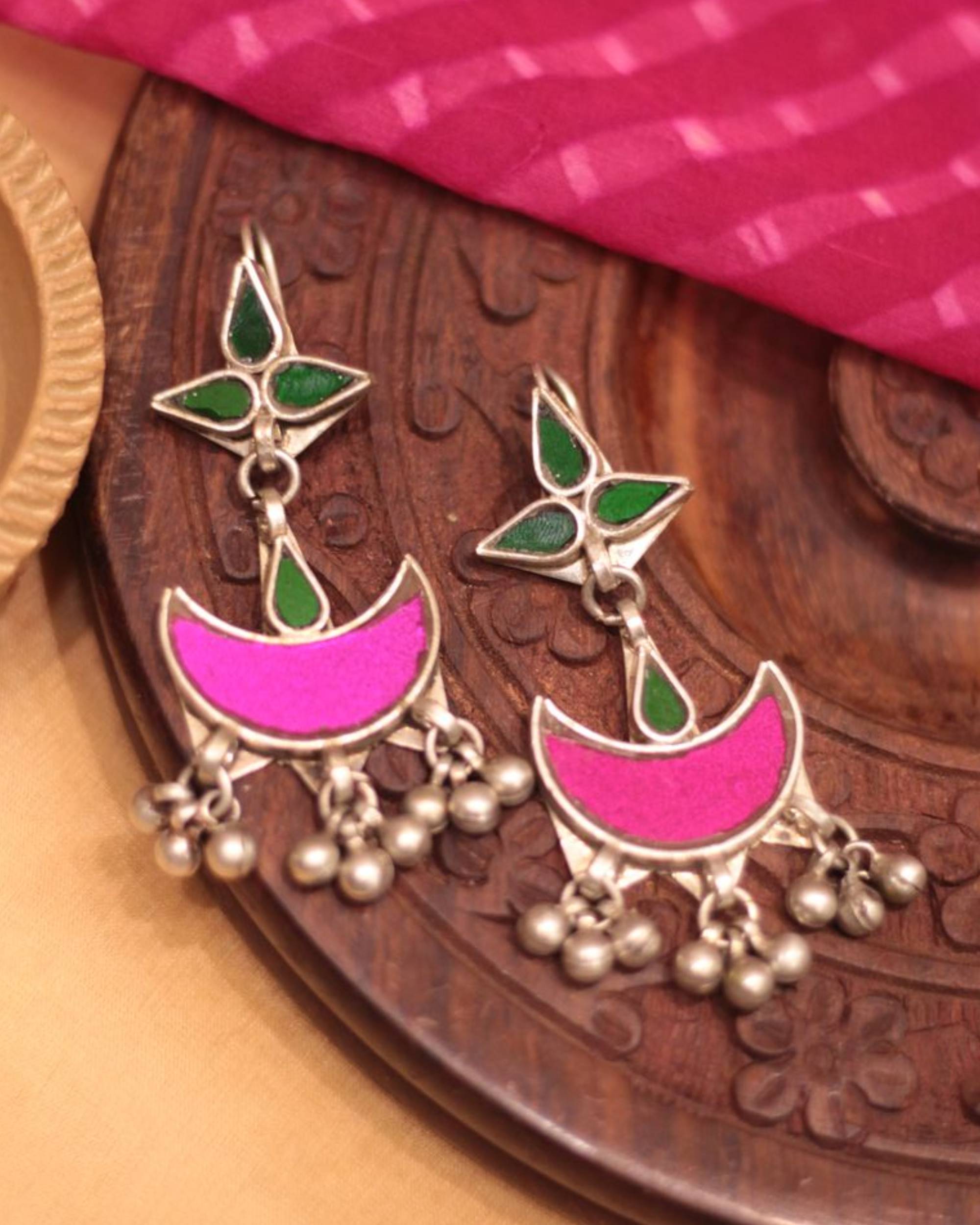 Green and pink chand handcrafted glass earrings
