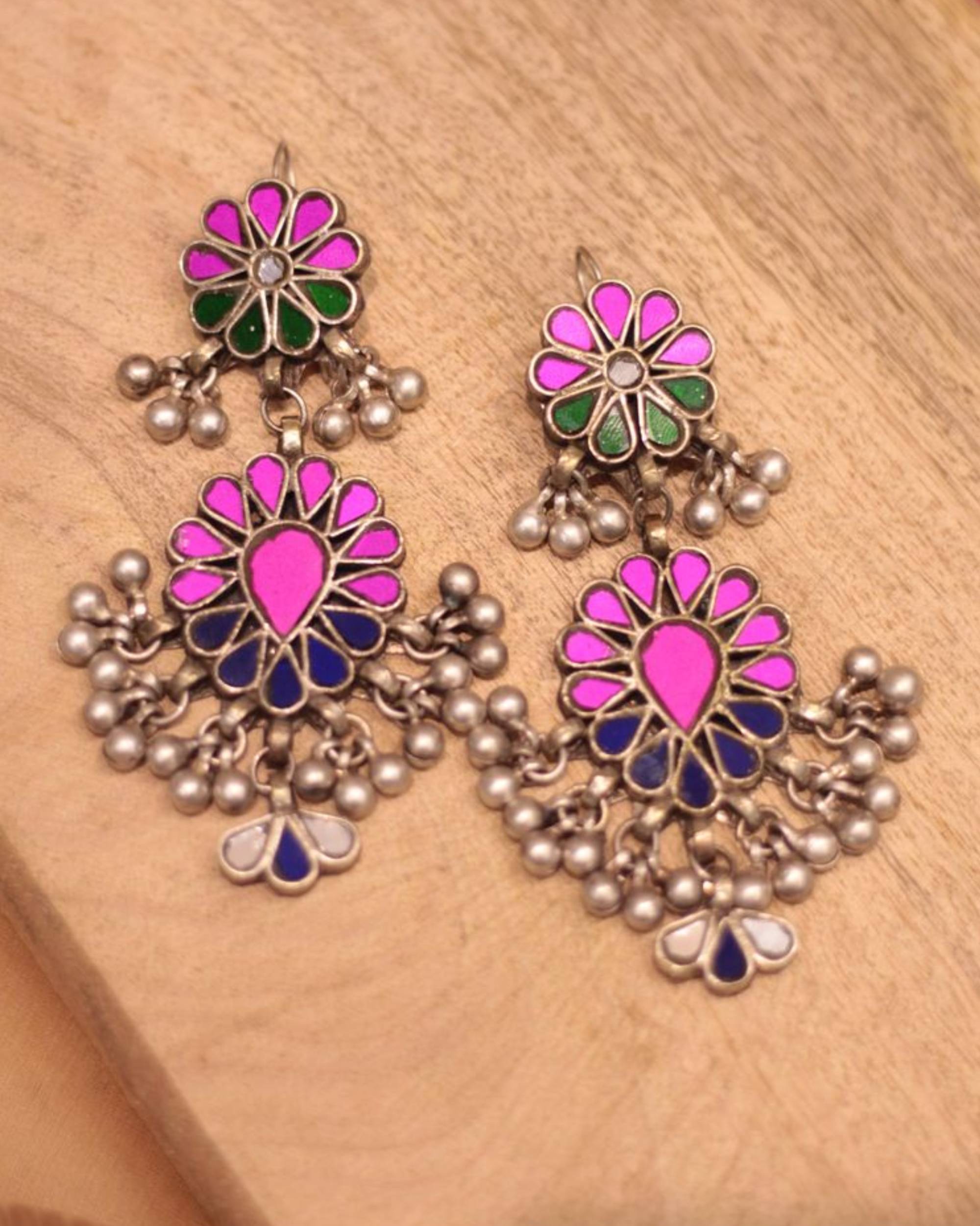 Pink and green florlal earrings