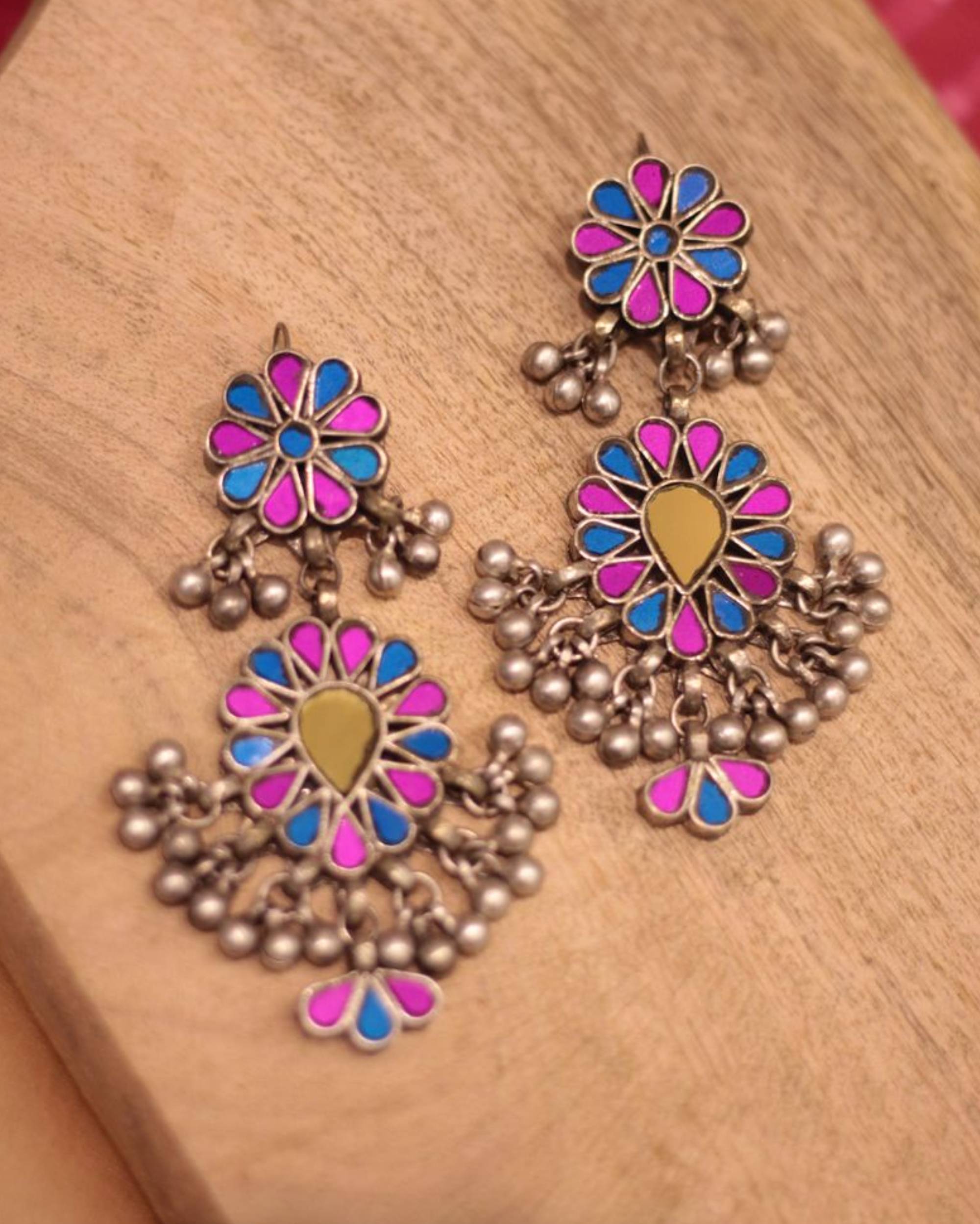 Pink and violet floral earrings