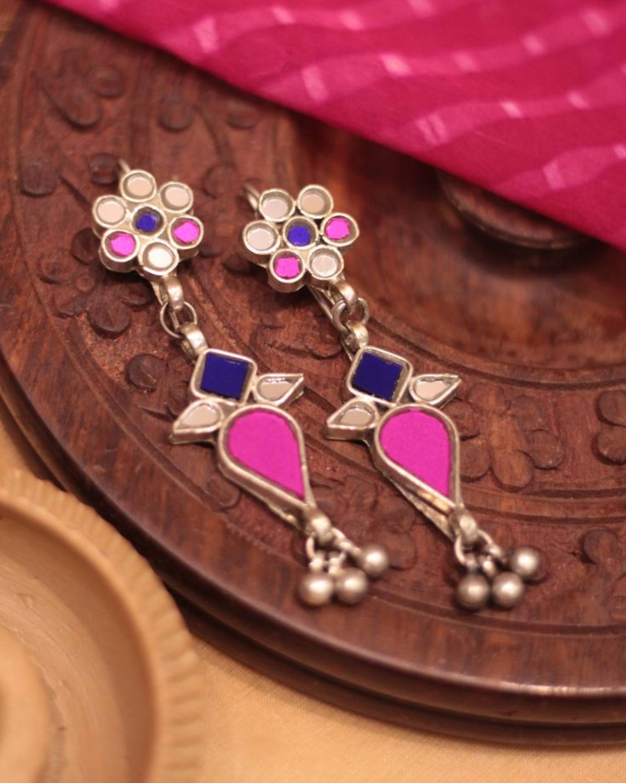 Blue and pink floral studded drop earrings