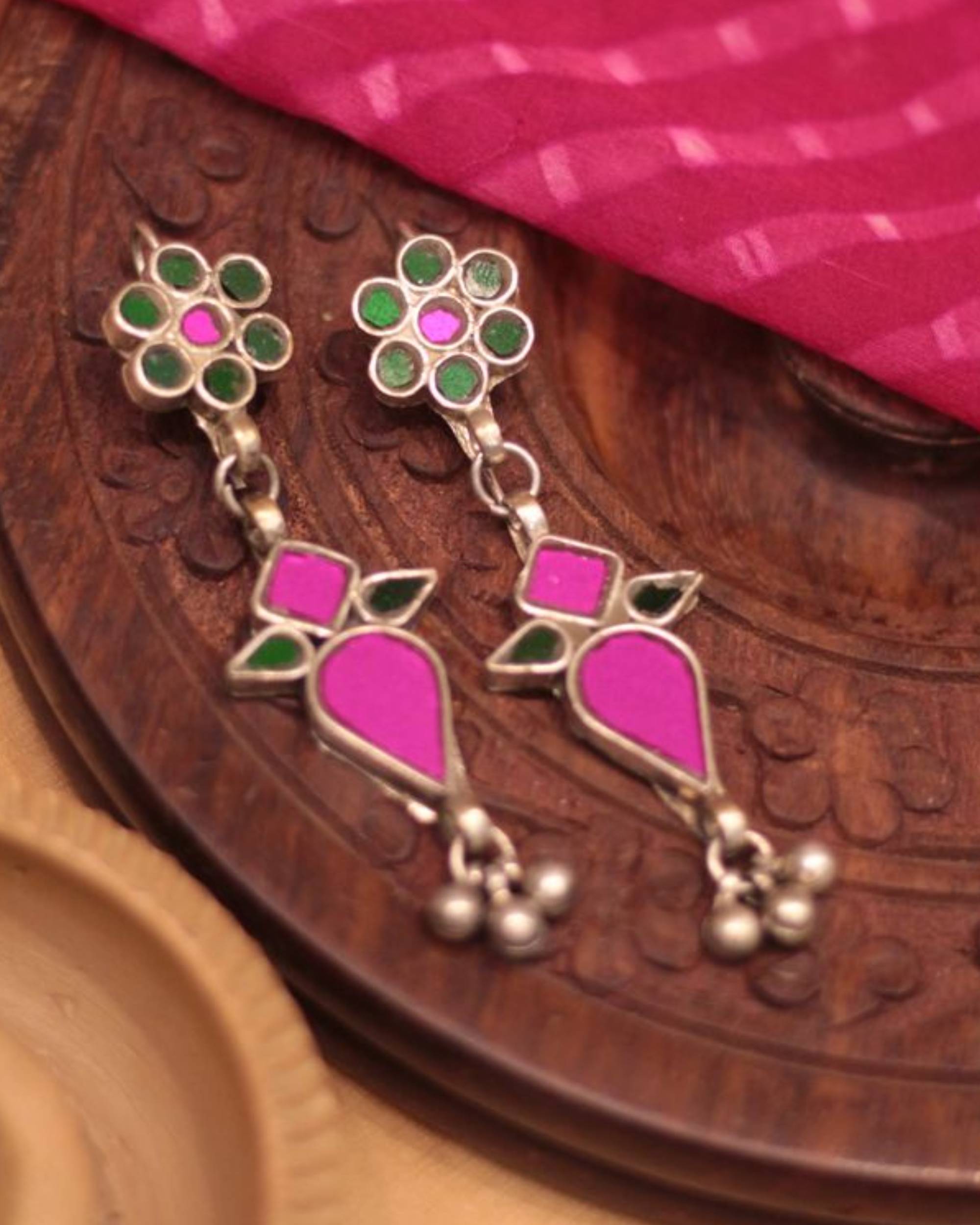 Green and pink floral studded drop earrings