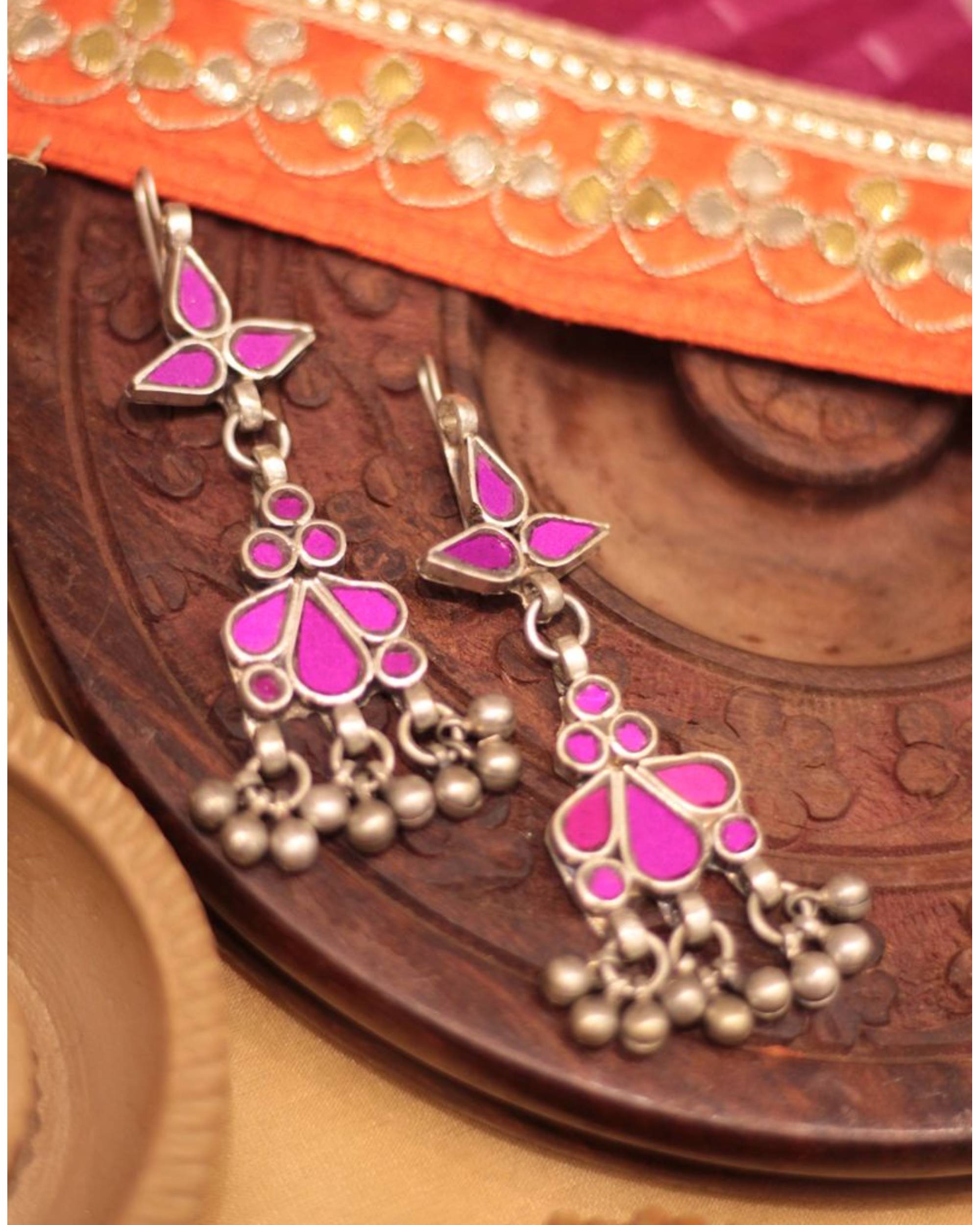 Pink floral glass work hook earring