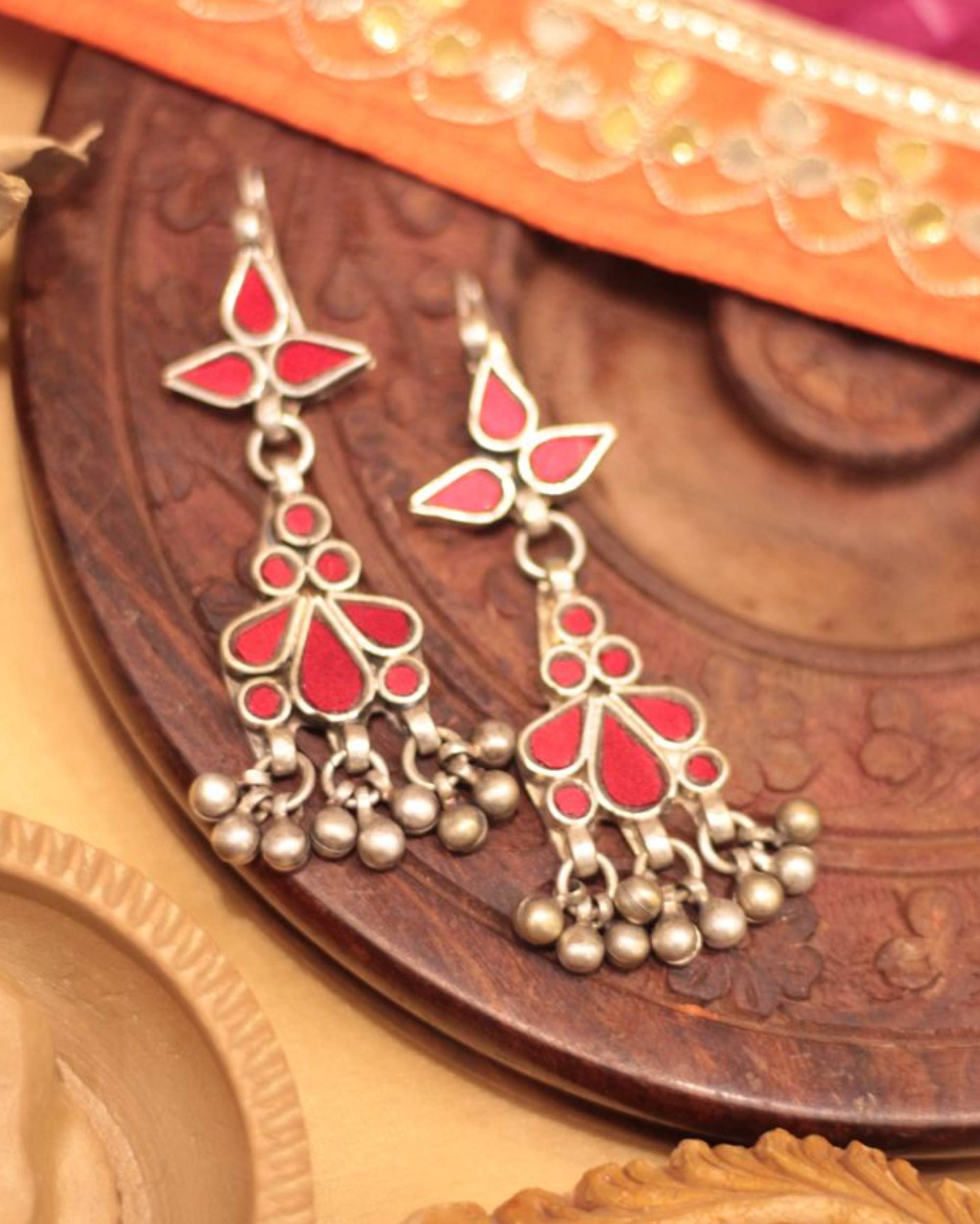 Red floral glass work hook earring