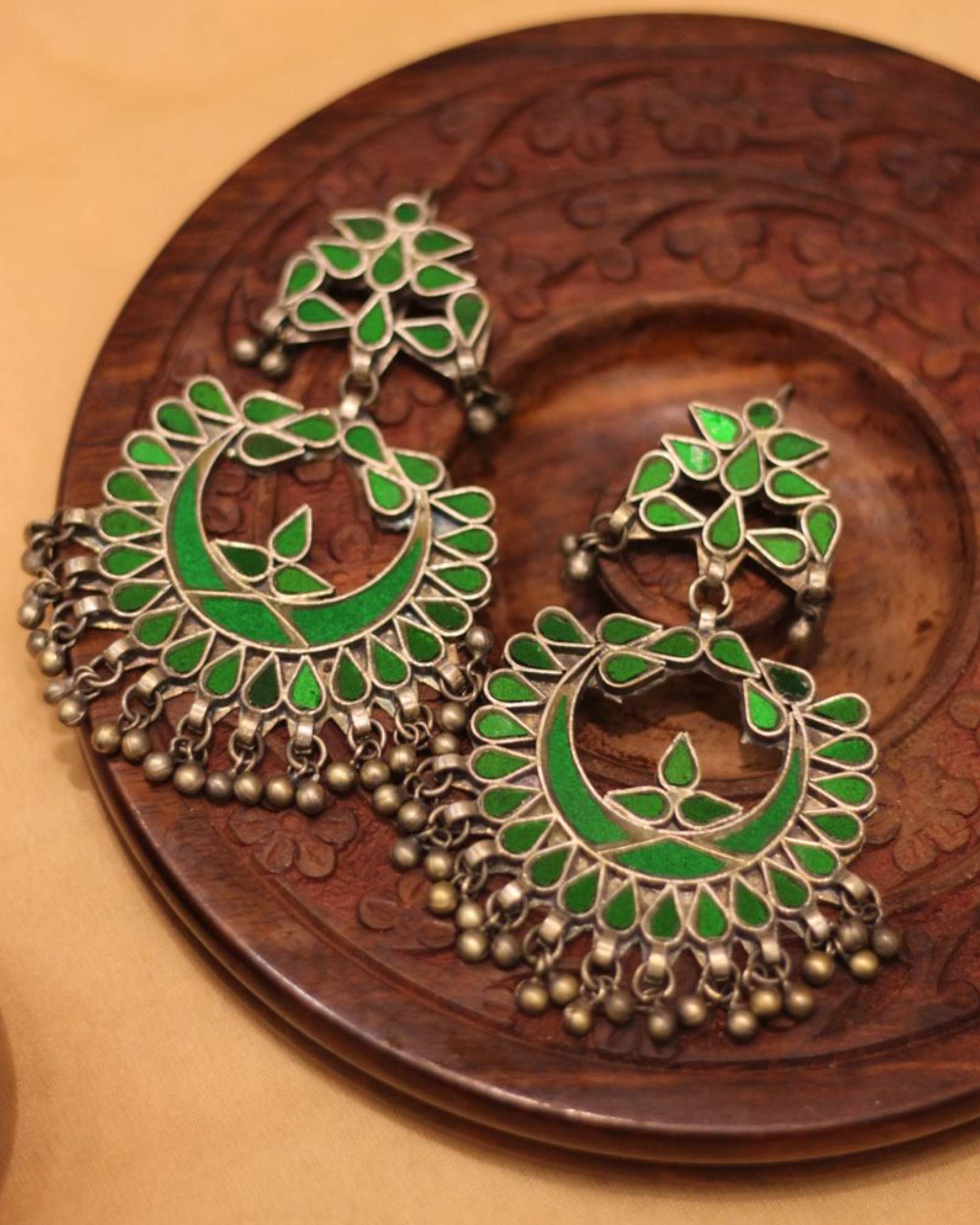 Green floral hand crafted glass work chandbali