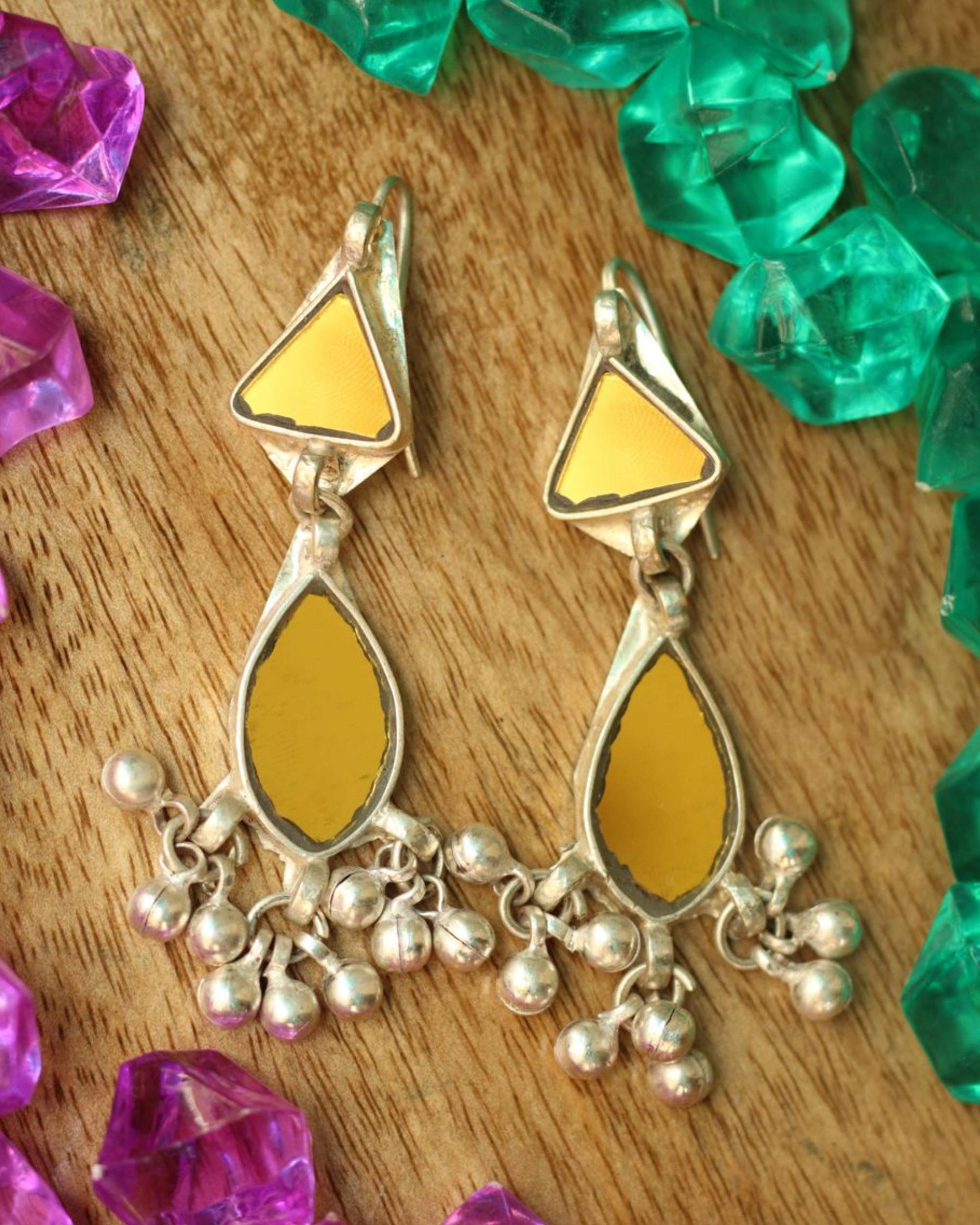 Yellow geometric glass work earrings