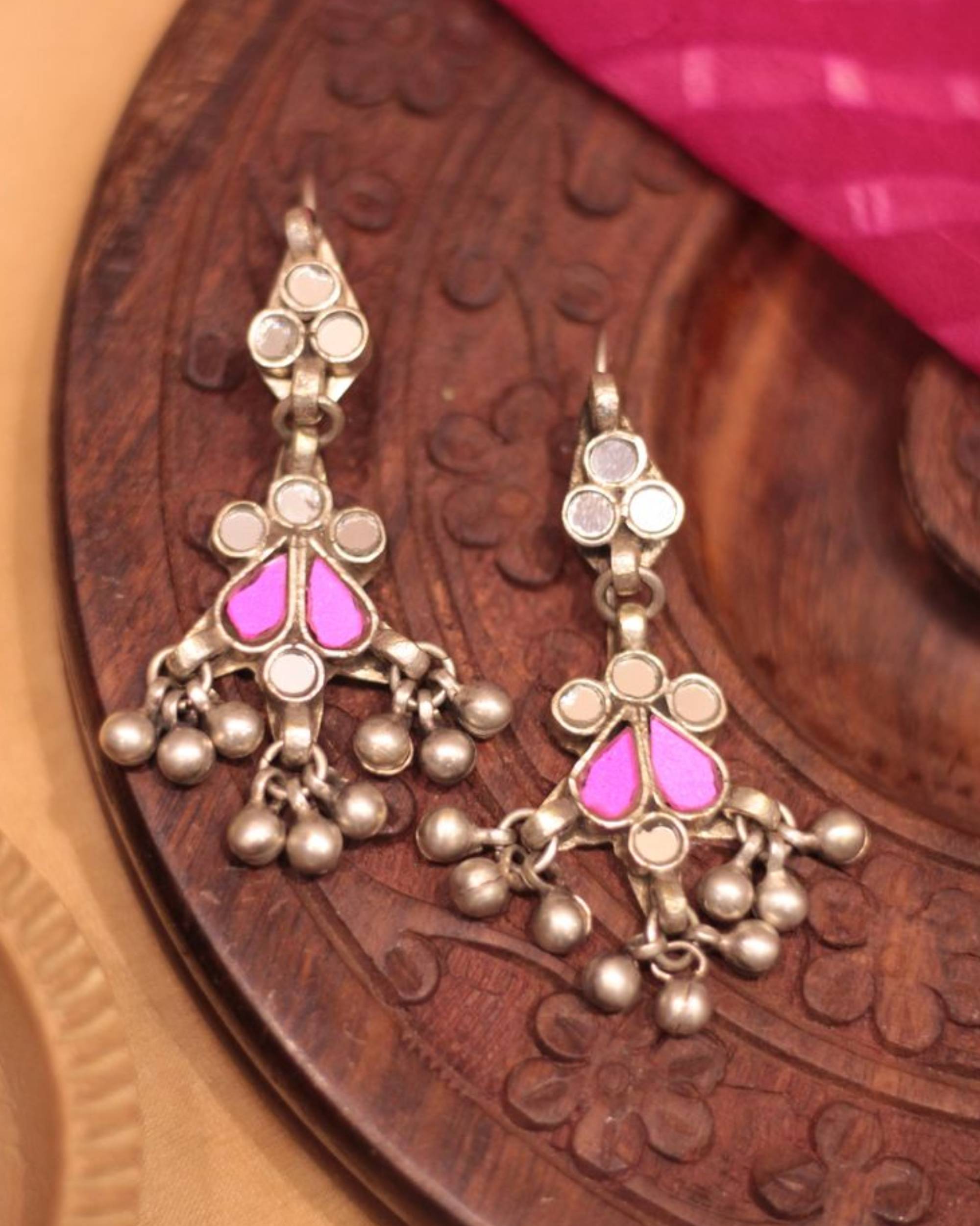 White and pink floral glass work earrings