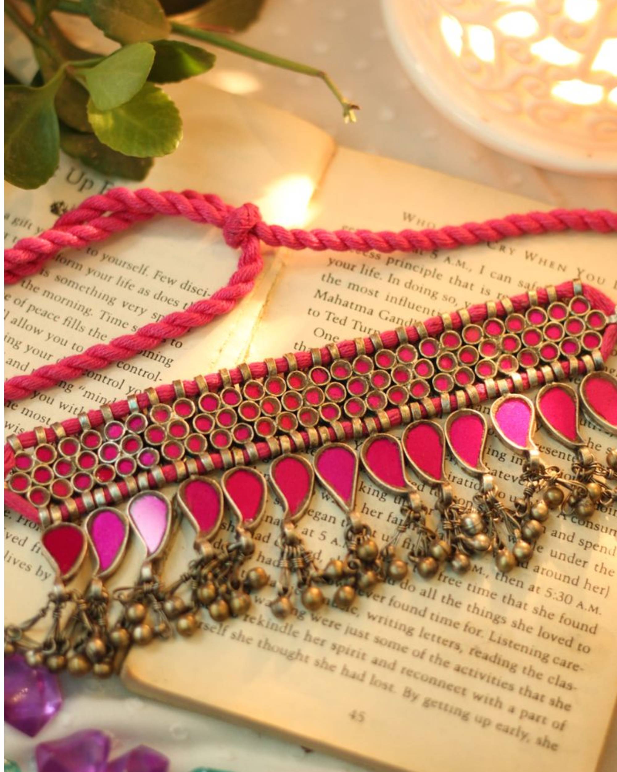 Pink handcrafted metal and glass work neckpiece