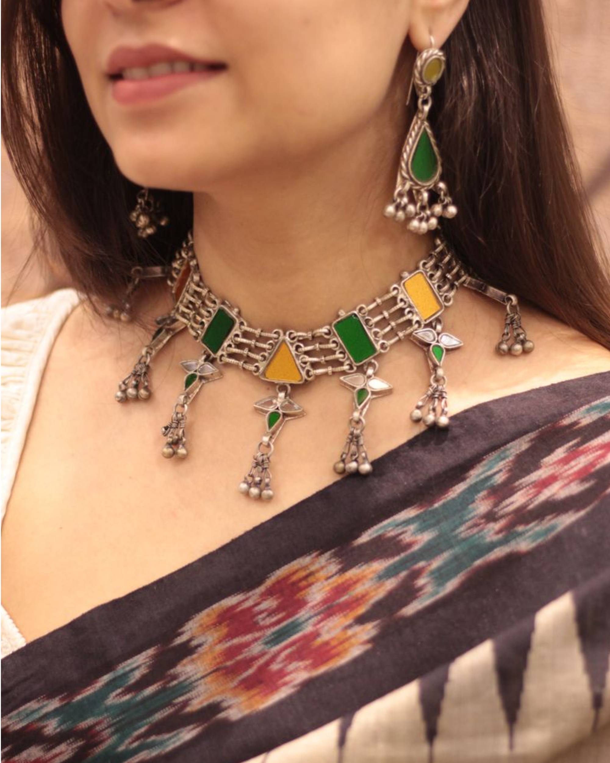 Yellow and green geometric engraved with glass work neckpiece with earrings - set of two