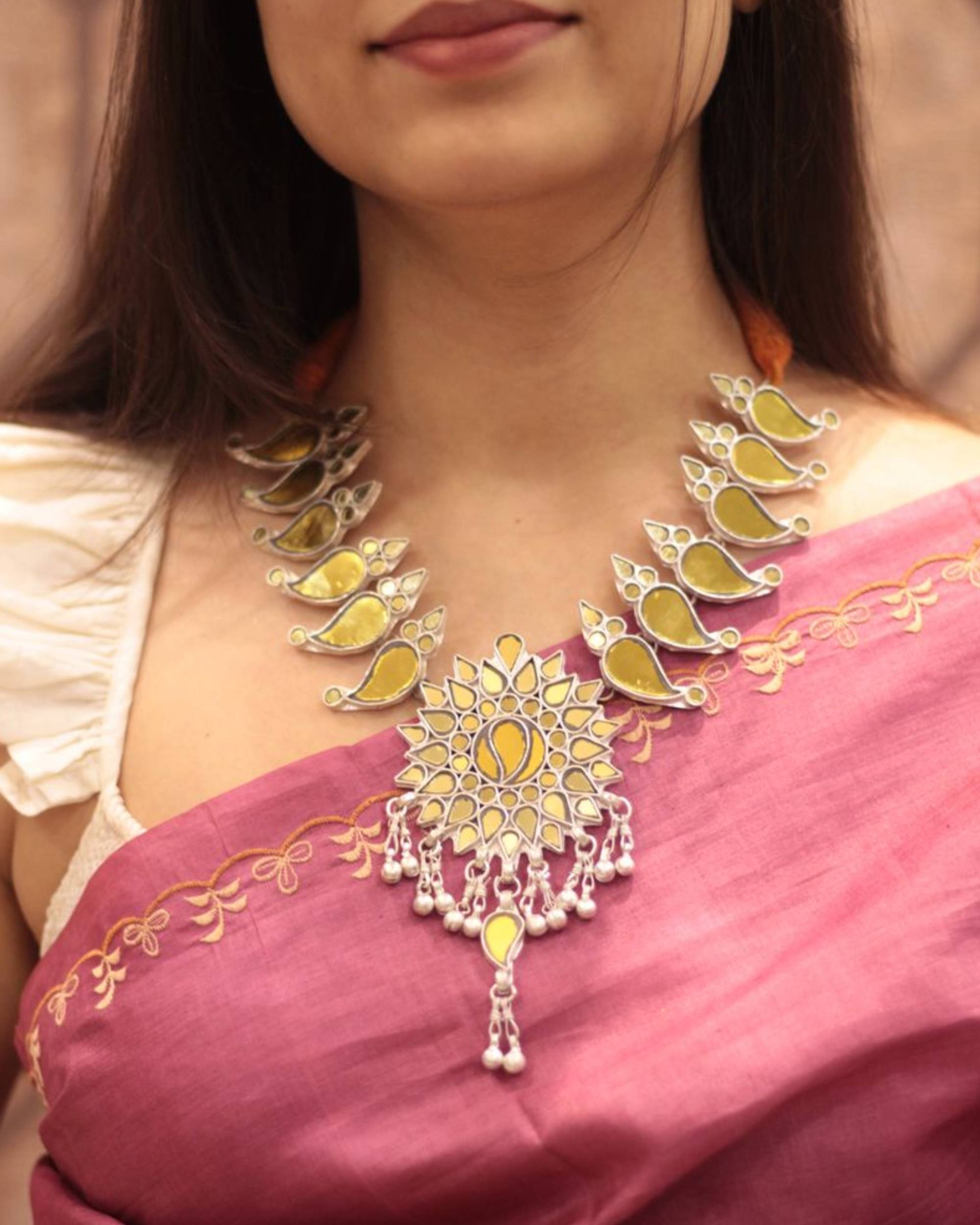 Yellow hand crafted floral engraved neckpiece