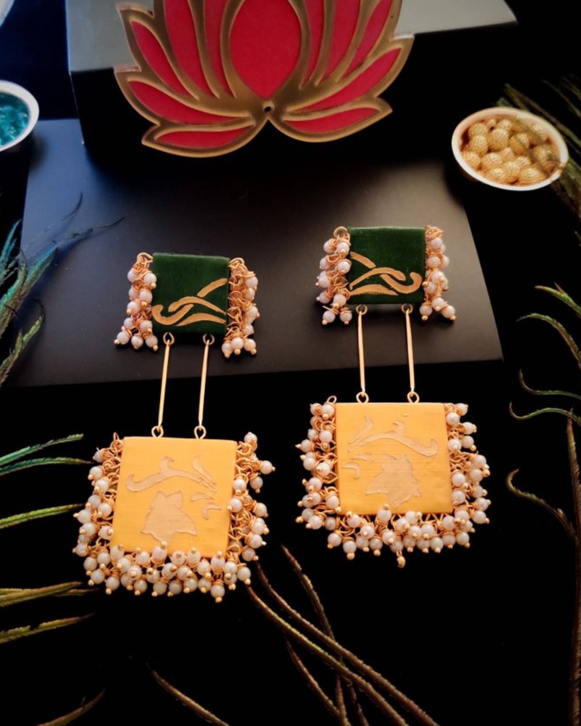 Green and yellow squared drop earrings