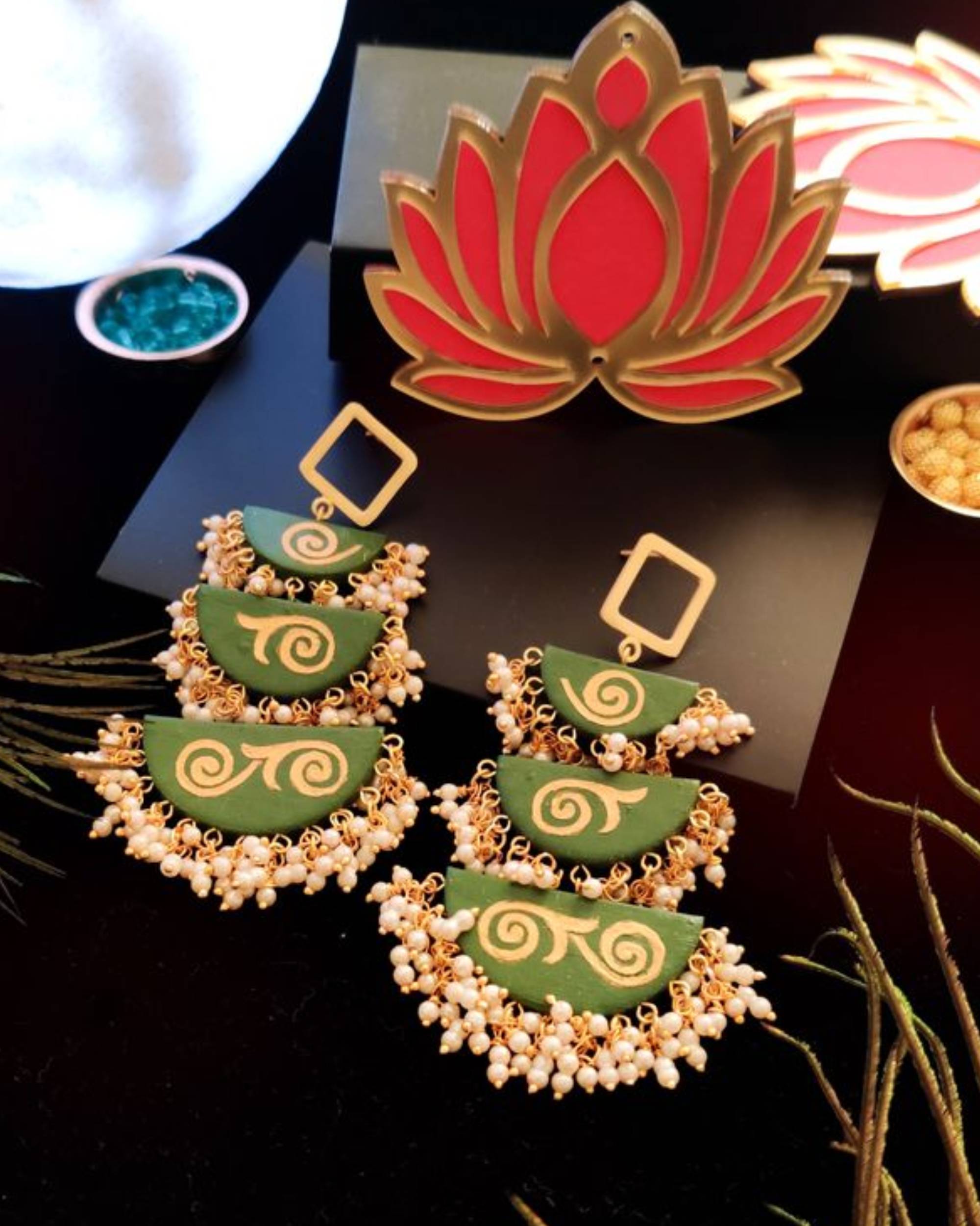 Green triple layered pearl mesh earrings