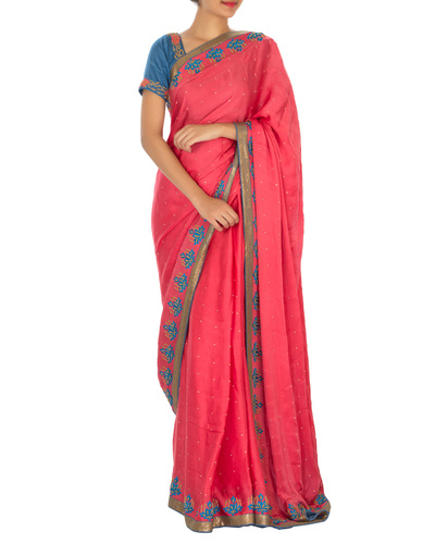 Red and blue satin sari with embroidered blouse by DEBARUN | The Secret ...