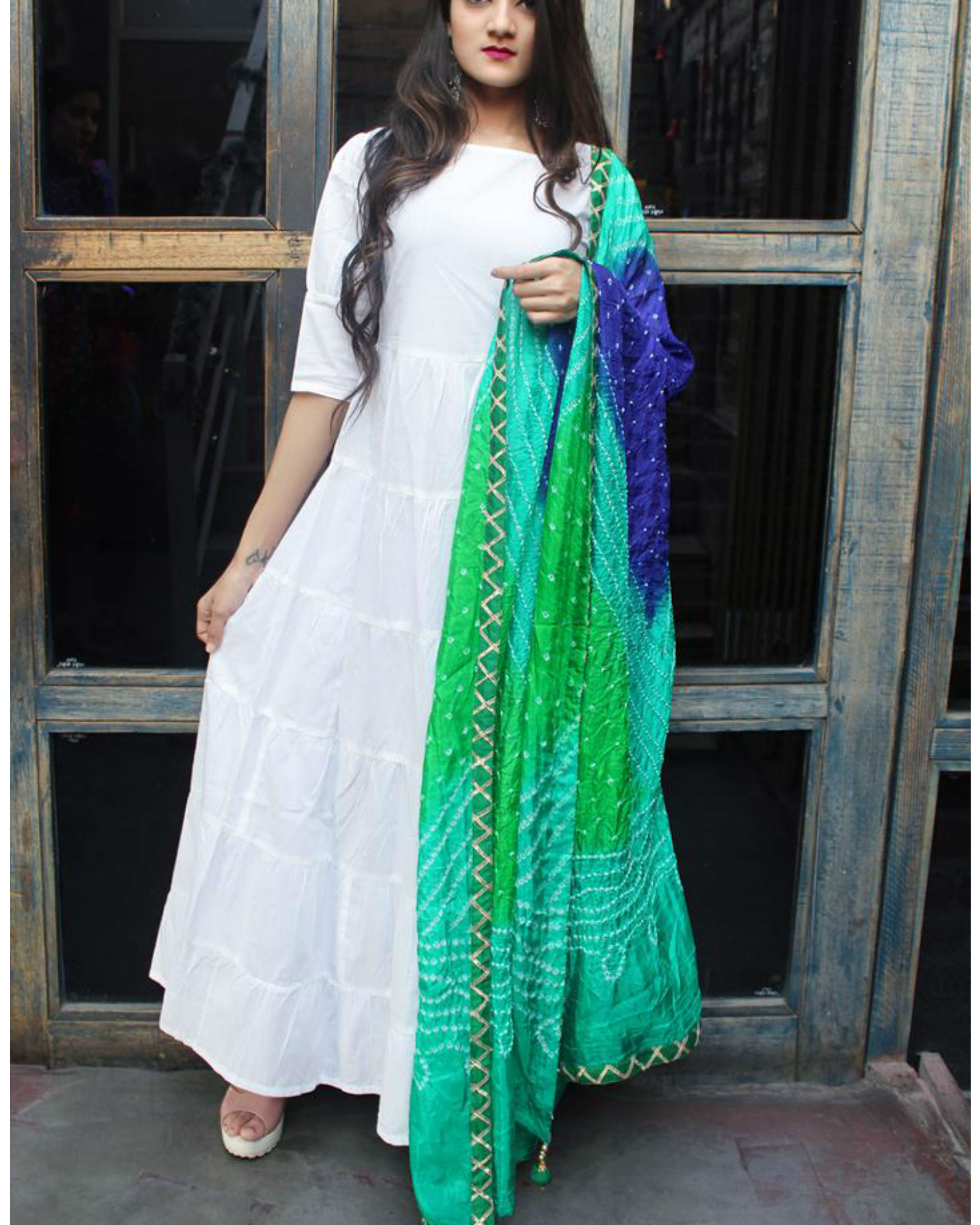 White Tiered Kurta With Dupatta By Thread And Button The Secret Label