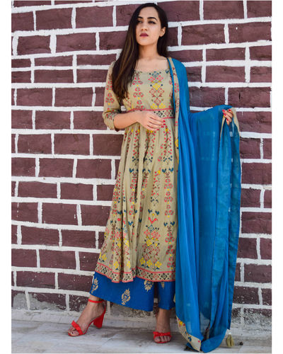 Beige and blue kurta set by Keva | The Secret Label