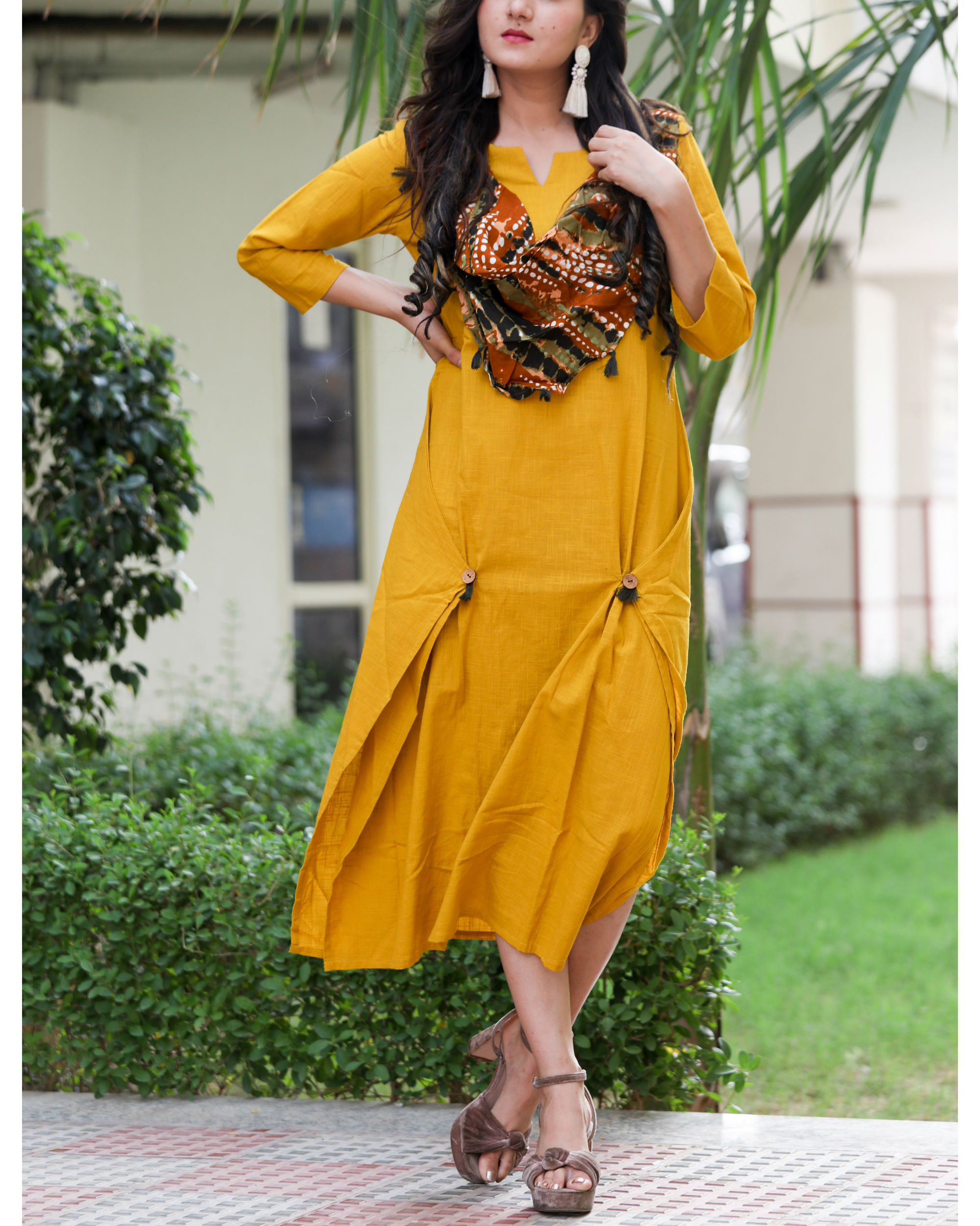 Ochre dress with attached scarf by Dorii | The Secret Label