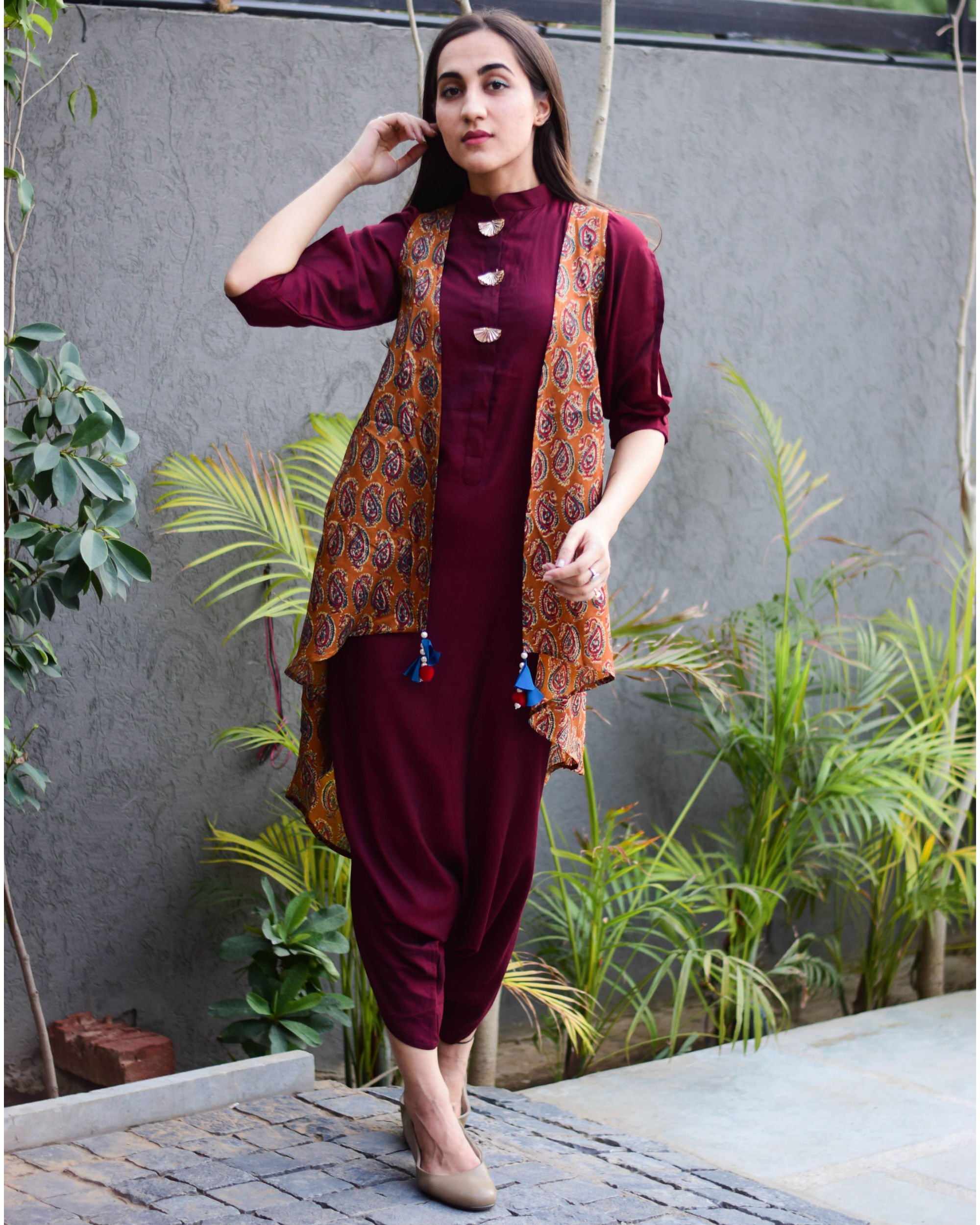 Wine dhoti jumpsuit with jacket