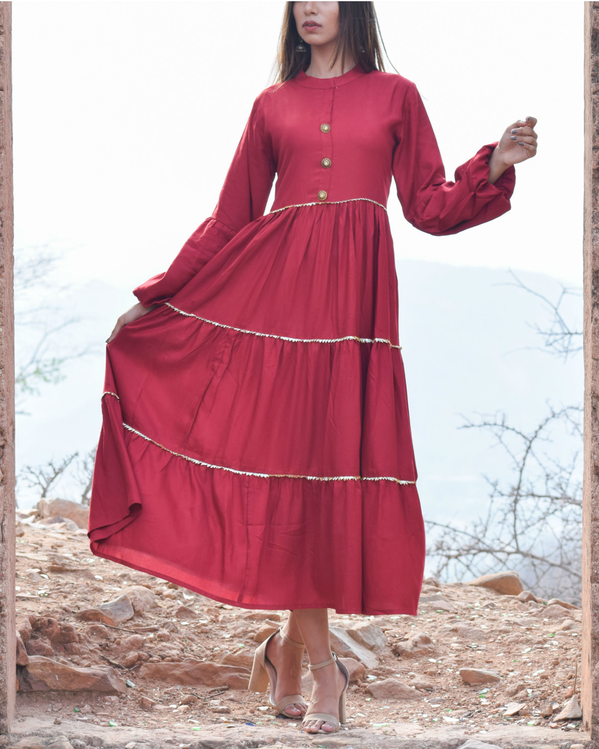 w maroon tiered dress