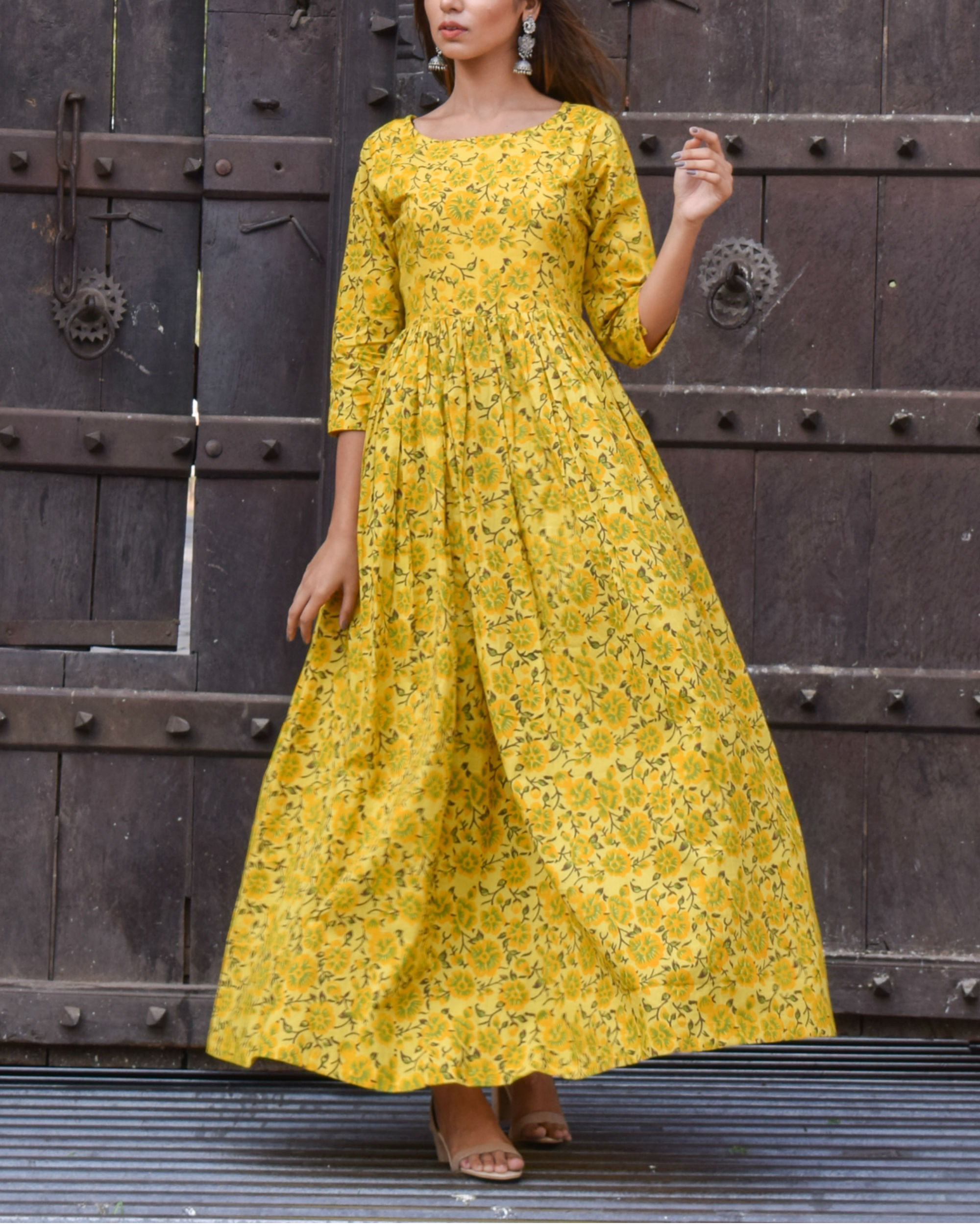 Yellow floral gathered dress by Chokhi Bandhani | The Secret Label