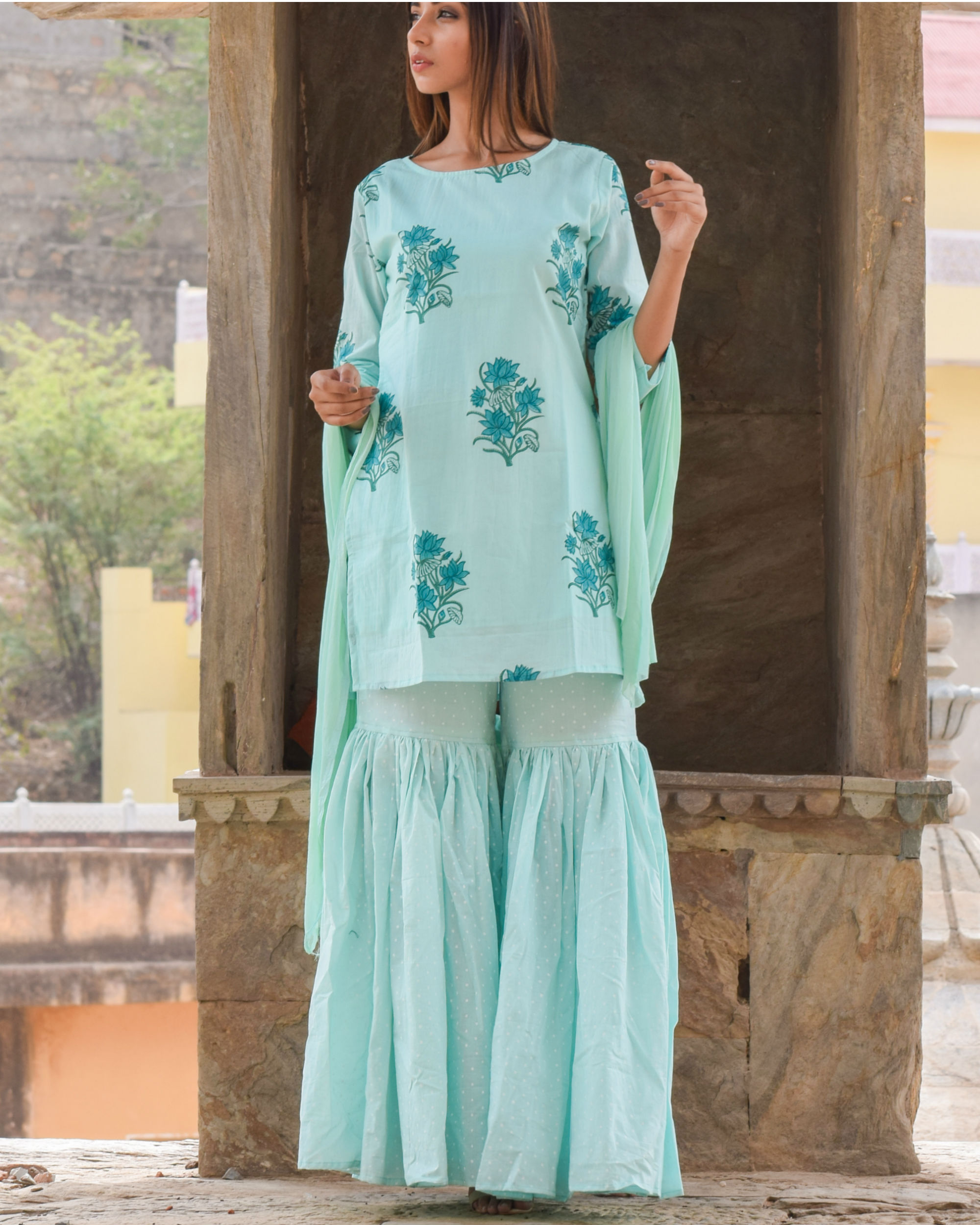 Turquoise kurta sharara set by Chokhi Bandhani | The Secret Label