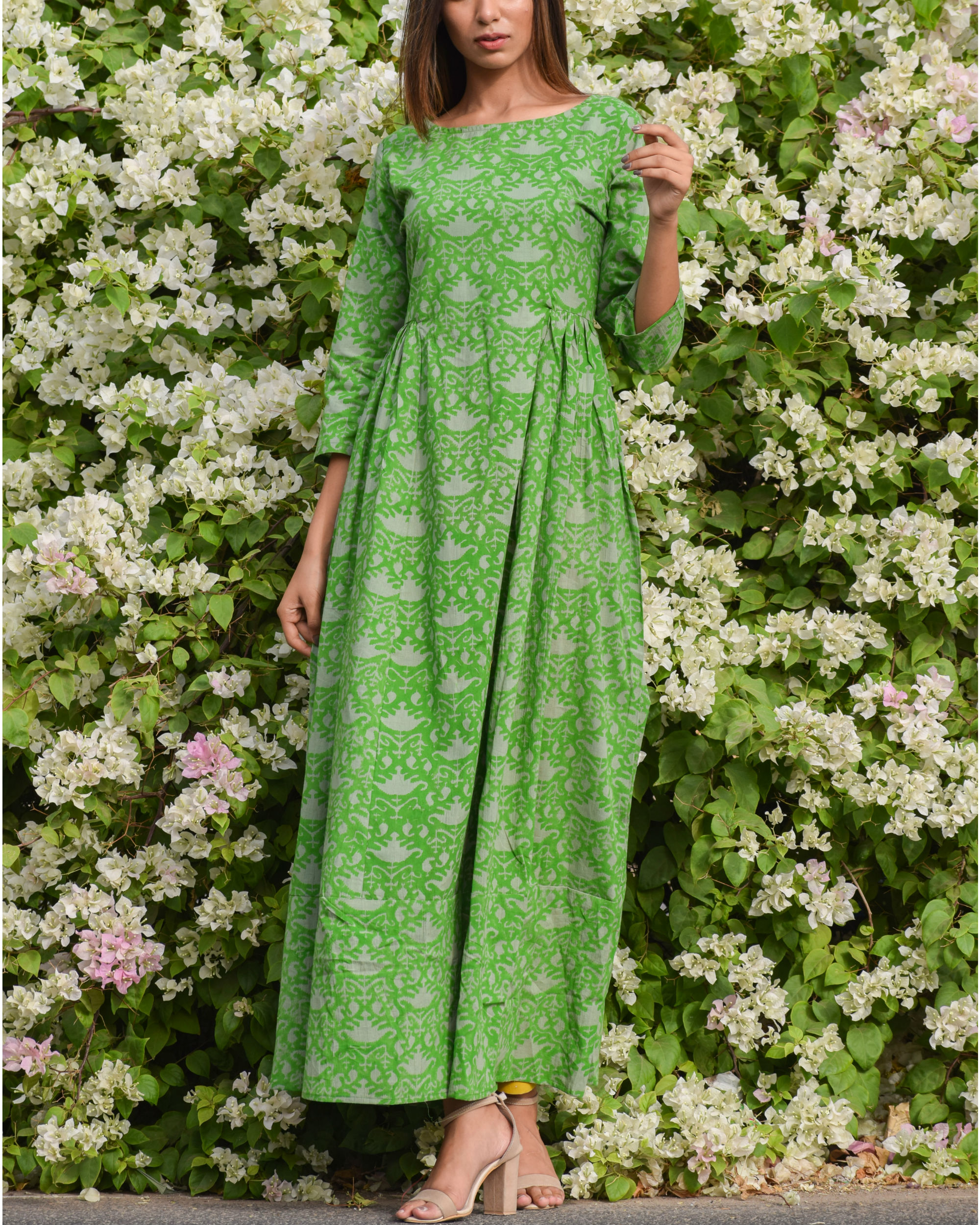 Green side pleated dress by Chokhi Bandhani | The Secret Label