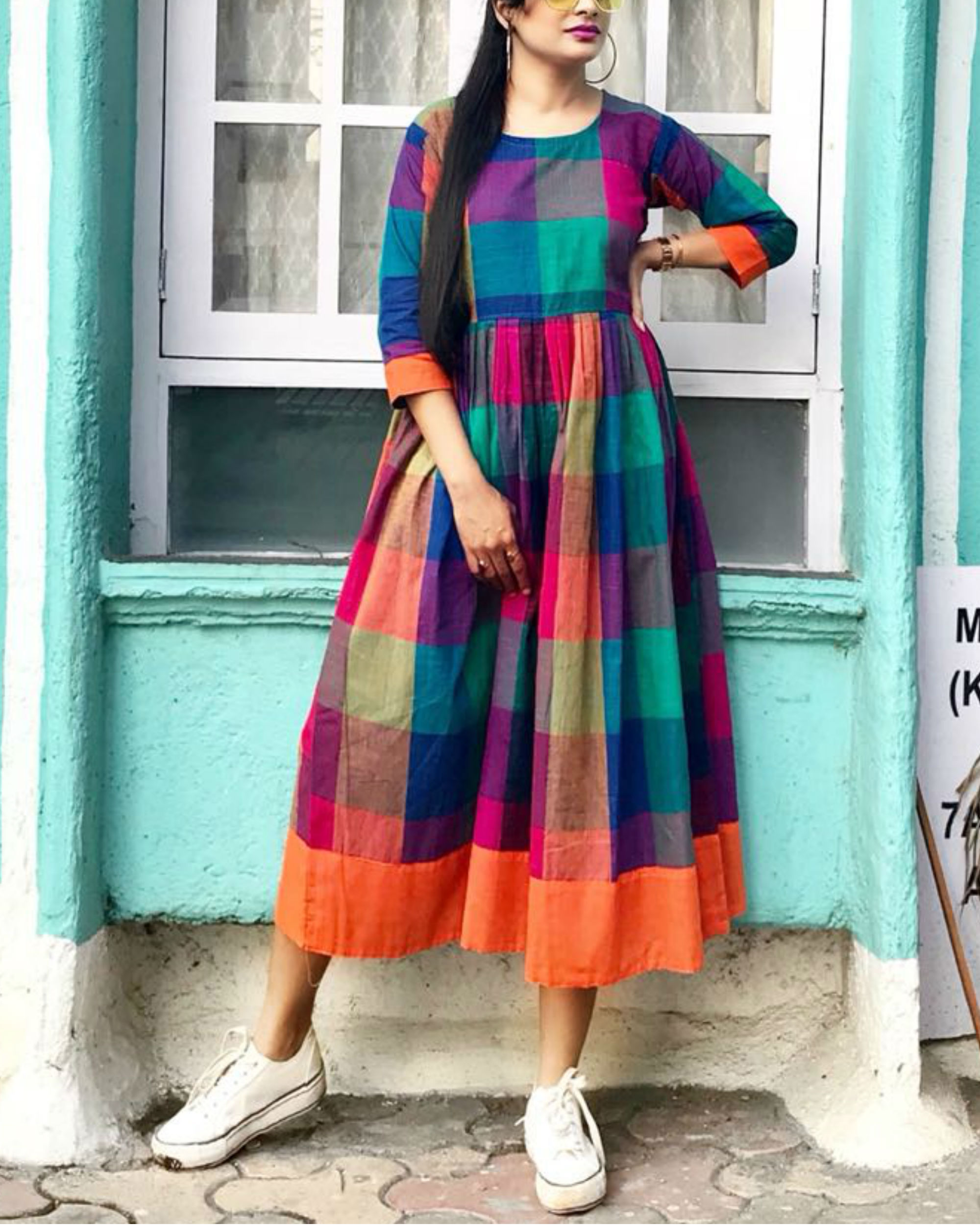 Multicoloured checks dress by Fashion Floor India | The Secret Label