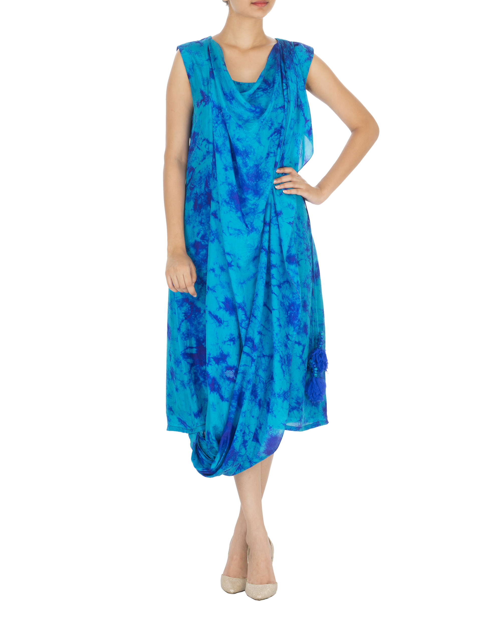 Blue tie and dye draped dress by Lotus Sutr | The Secret Label