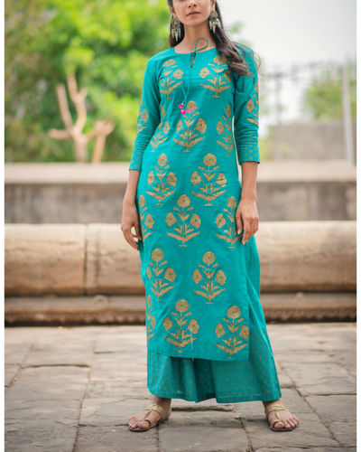 Block Printed Turquoise Kurta by Purple Panchi | The Secret Label