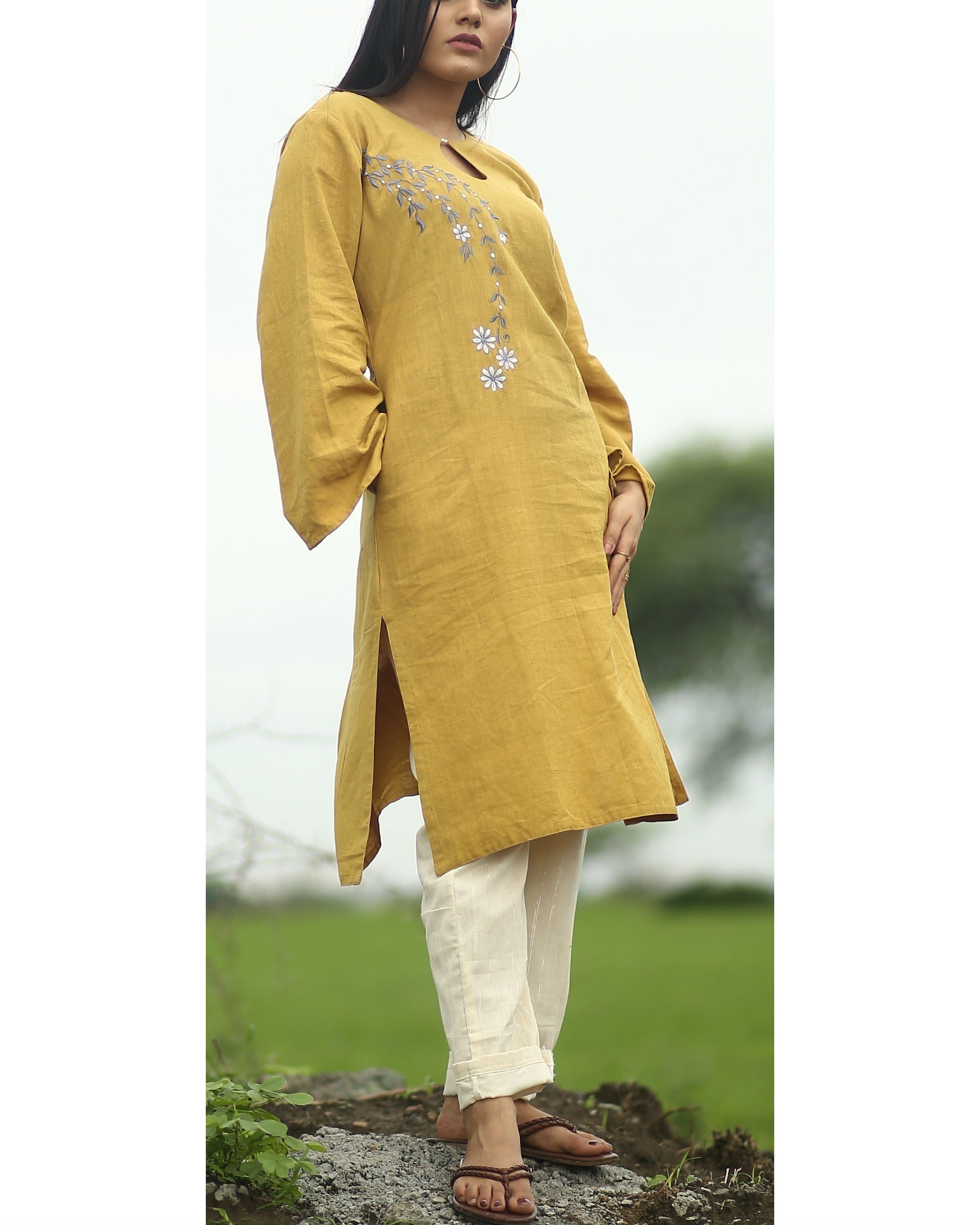 Mustard embroidered kurta by Crimson The Secret Label