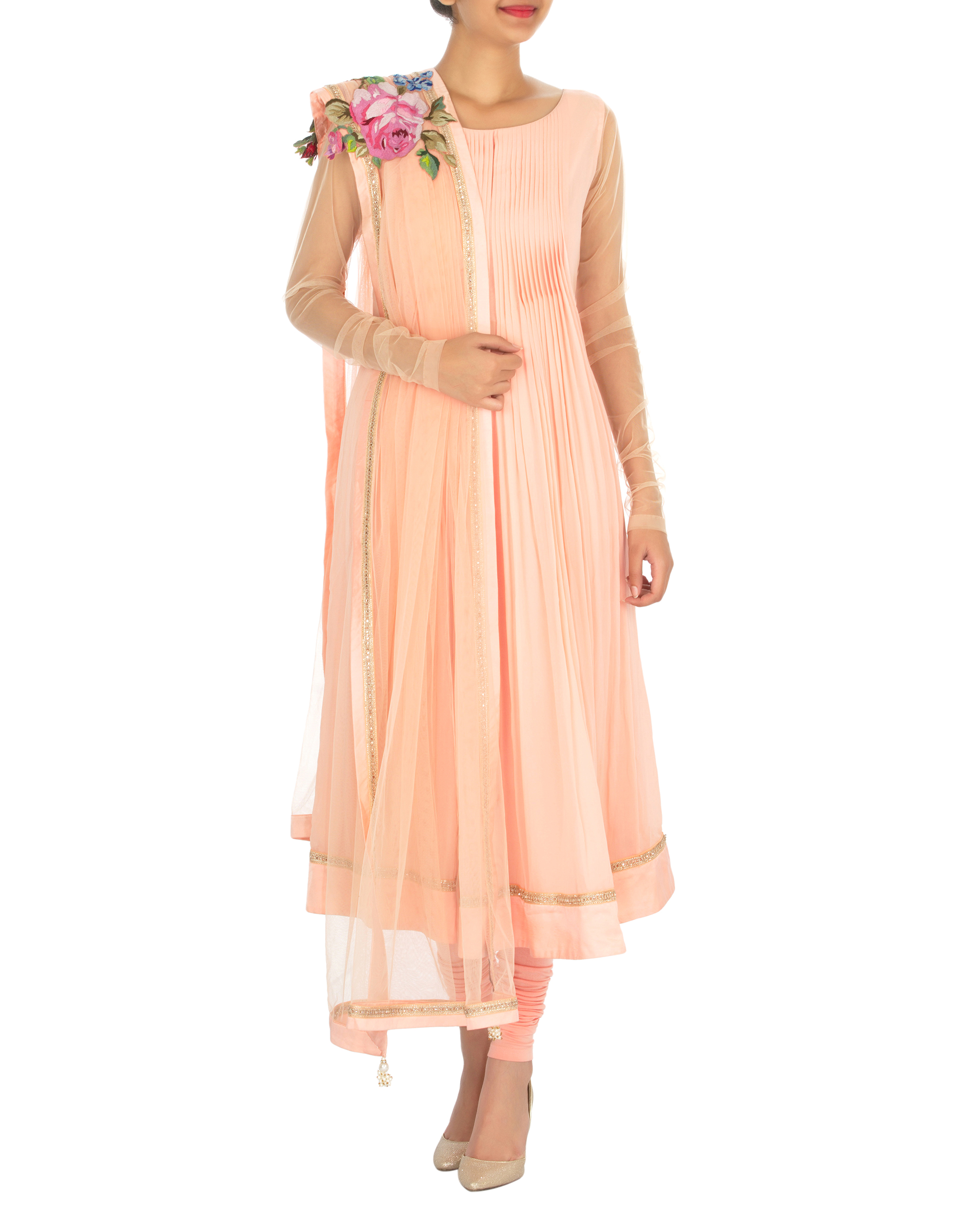 Peach Pleated Georgette Kurta Set By RSVP | The Secret Label