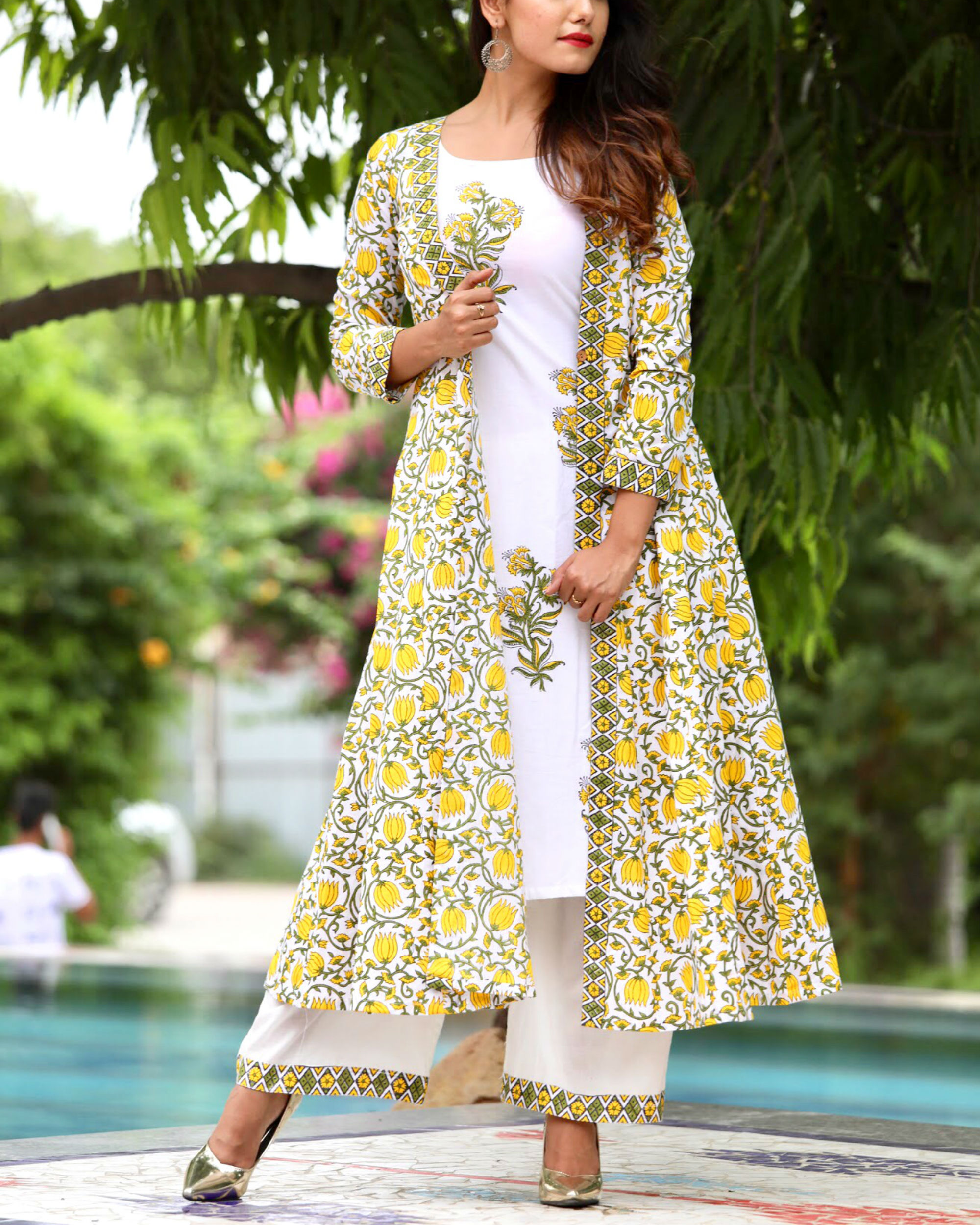 Cotton schiffli top and jacket with palazzo in two colours  Kurti Fashion