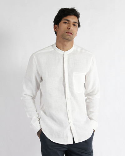 White linen band collar slim fit shirt by Dhatu Design Studio | The ...