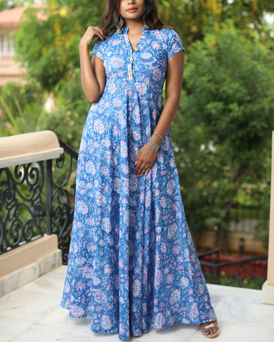 Blue printed flared dress by Mint Mauve | The Secret Label