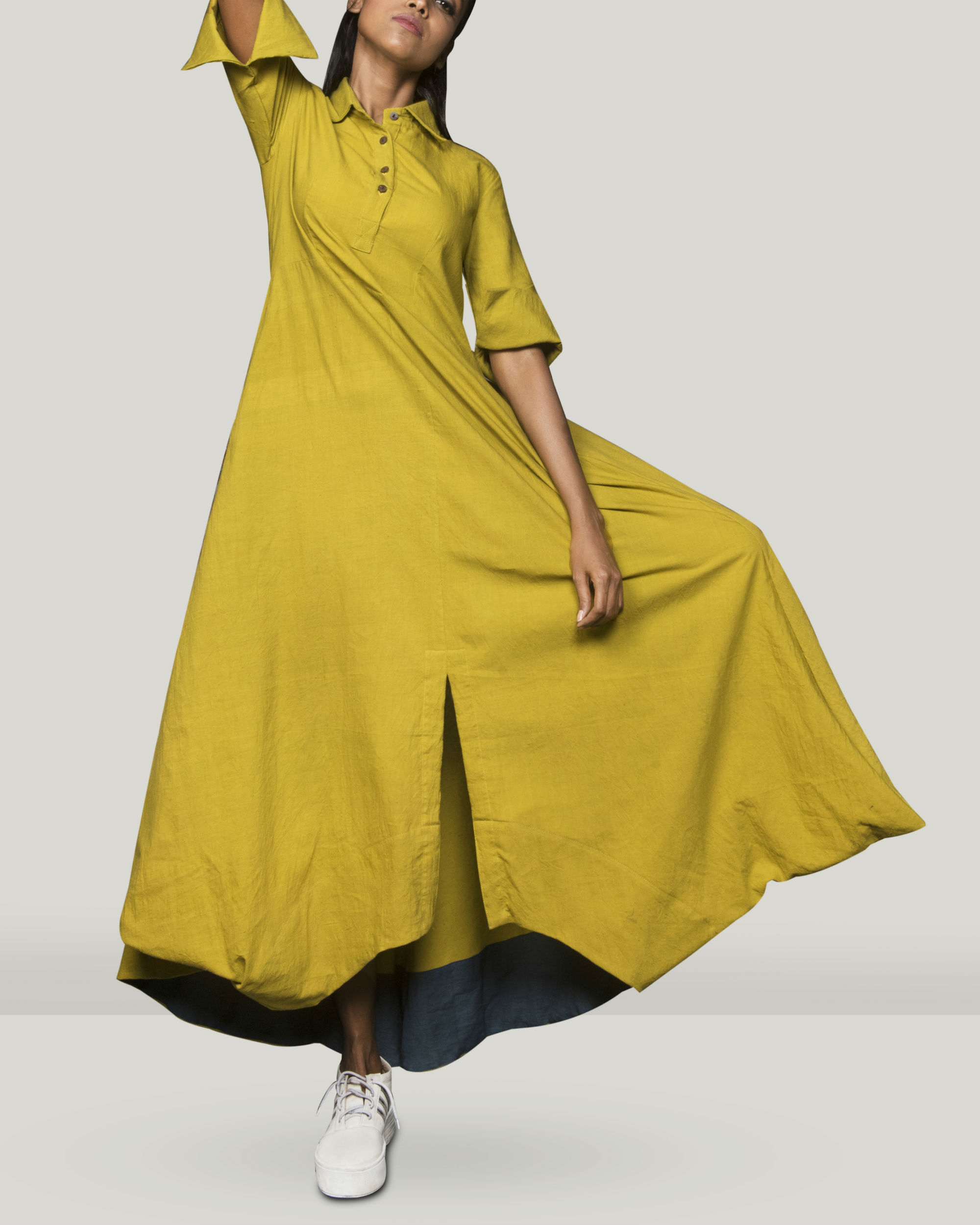 Mustard collar side cowl dress by Rias The Secret Label