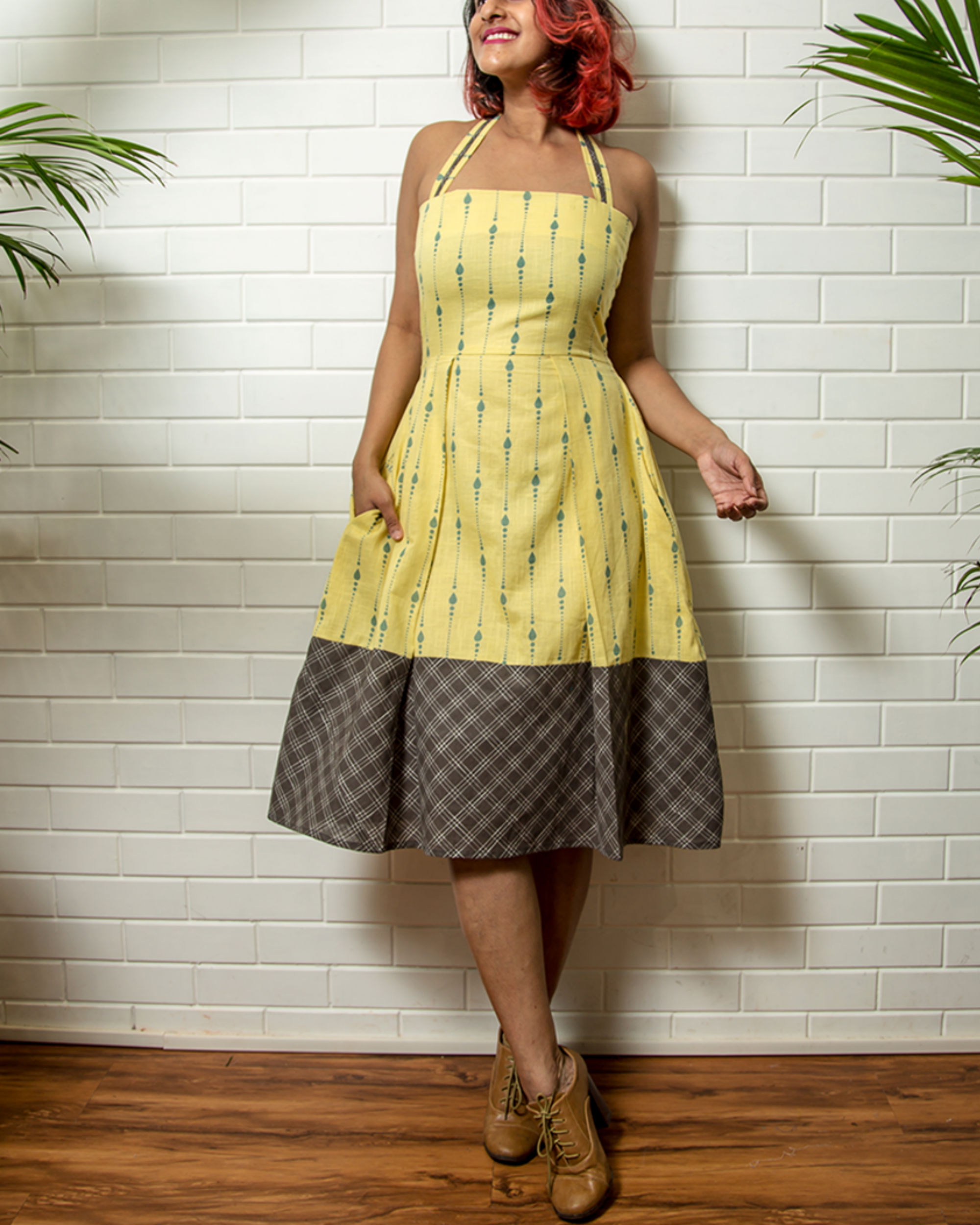 Yellow halter border dress by Why So Blue | The Secret Label