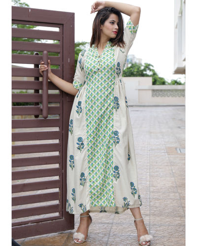 Beige printed straight dress by Desi Doree | The Secret Label