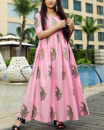 Pink gathered mughal dress by Floral Tales | The Secret Label