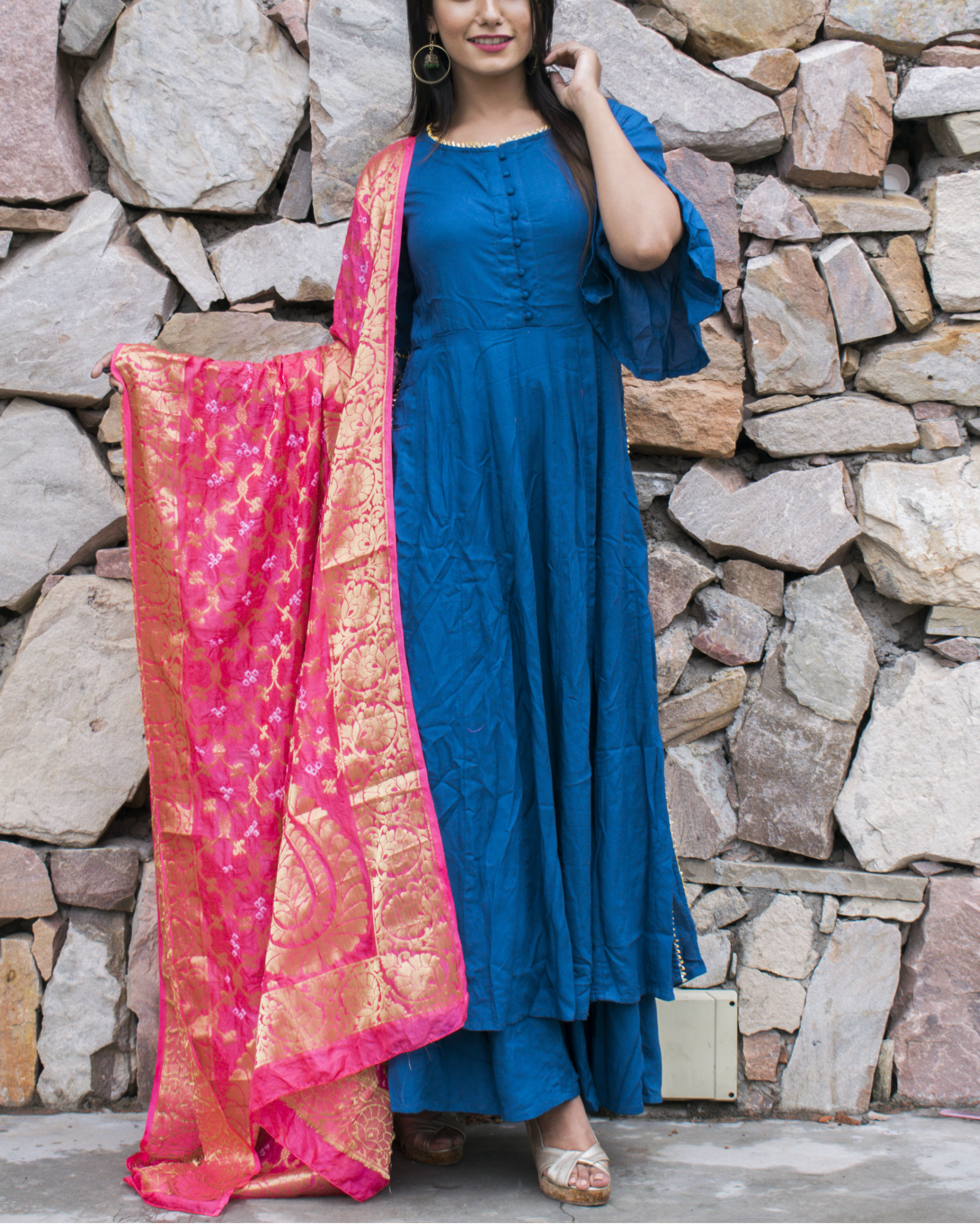 Blue flared suit set with contrast dupatta by Chokhi Bandhani | The ...