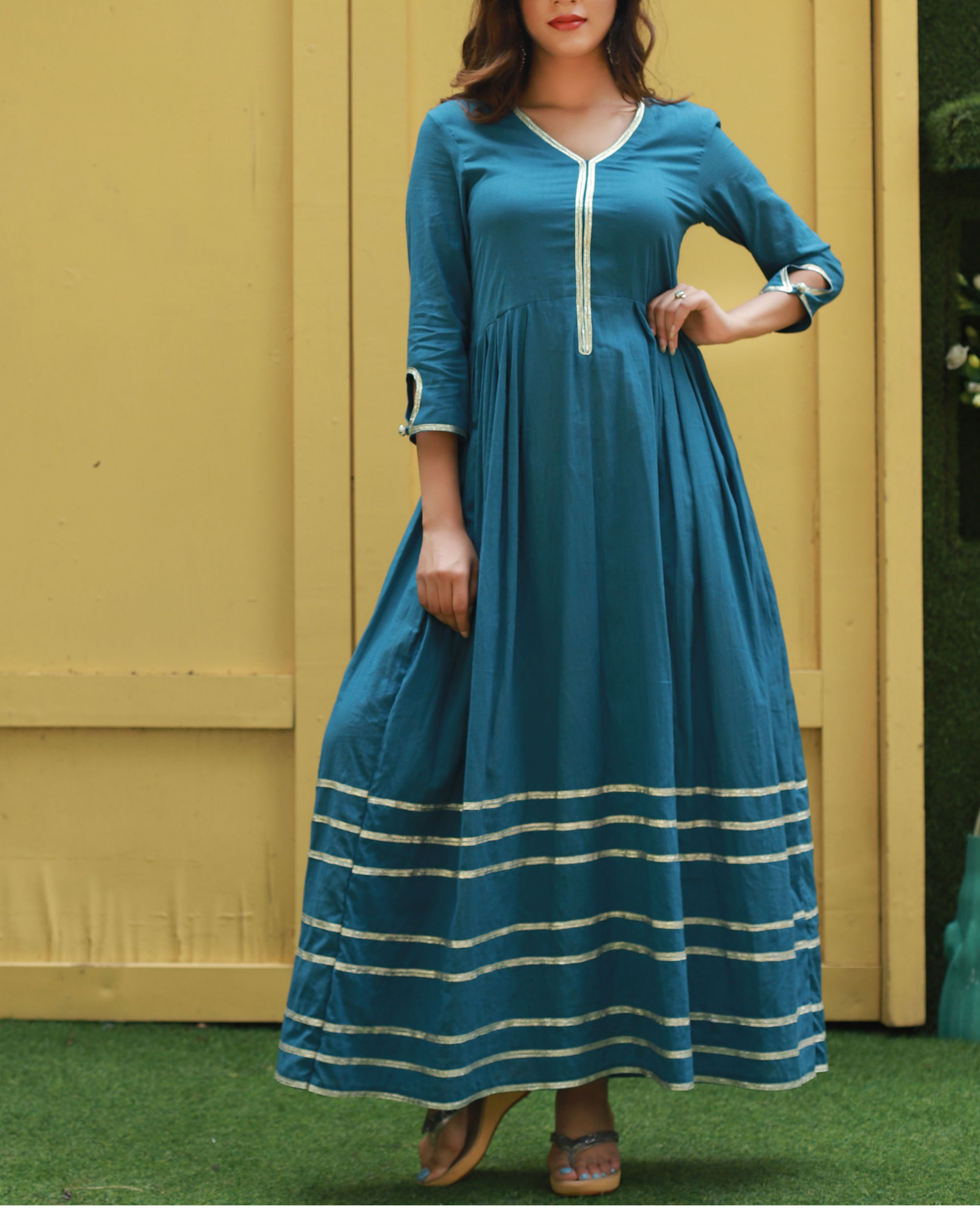 Prussian blue and silver gathered dress by Raasleela The Secret Label