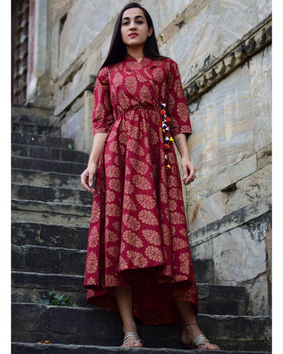 Maroon gold wrap dress by Keva | The Secret Label