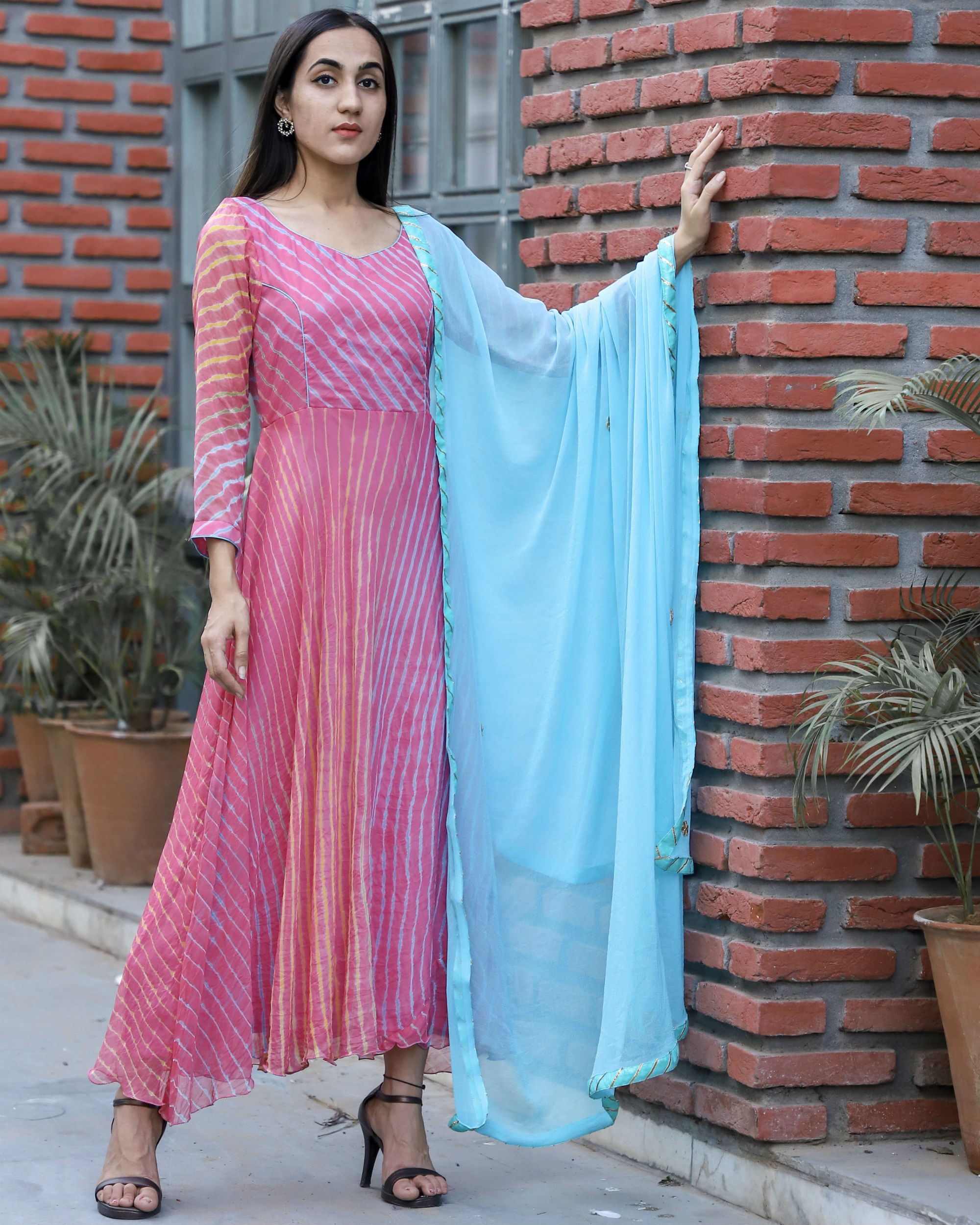 Pink Anarkali With Blue Dupatta By Rangpur The Secret Label