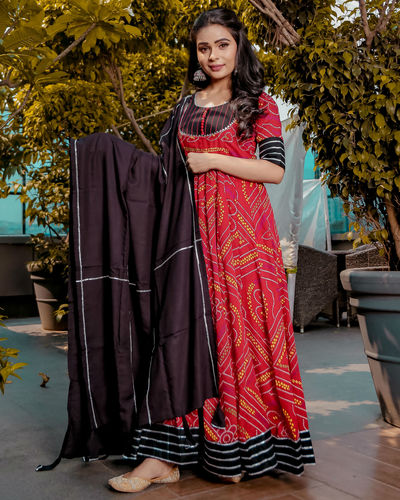 Black and red bandhani dress hot sale